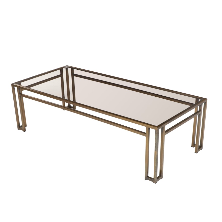 Contemporary Modern Glass Top Brass Tone Metal Coffee Table