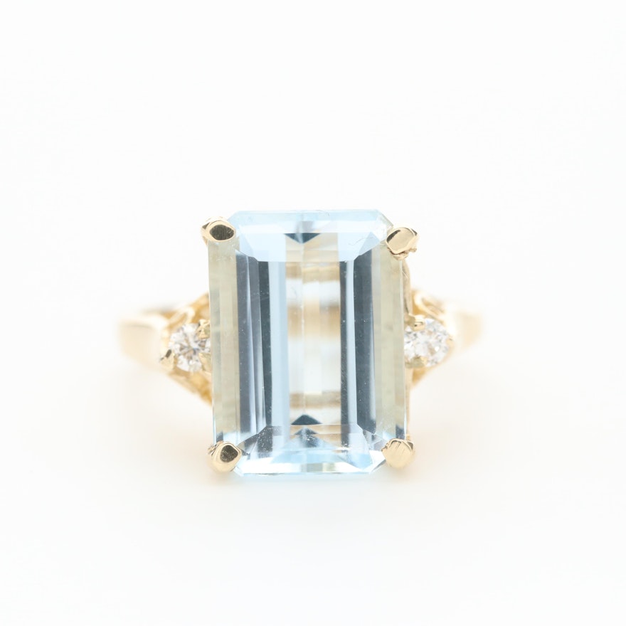 14K Yellow Gold Aquamarine and Diamond Ring