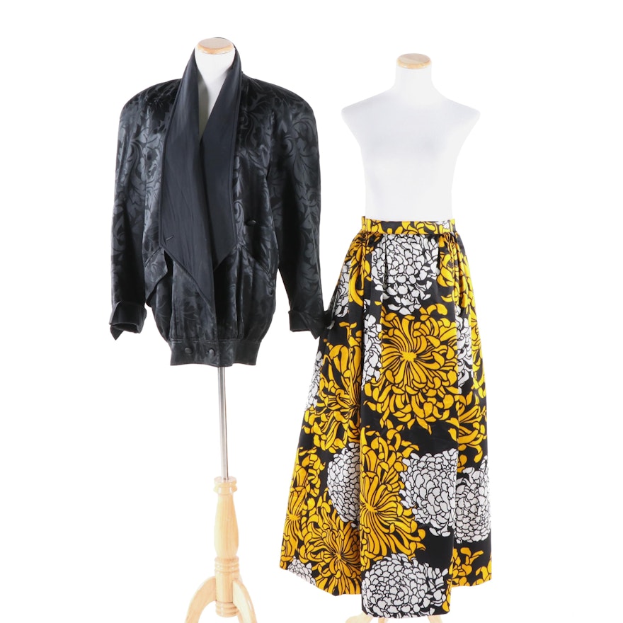 Adolfo Duchess Satin Silk Chrysanthemum Evening Skirt and Escada Black Jacket