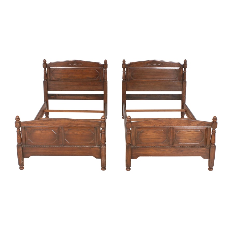 Pair of Continental Style Twin Oak Bed Frames, 20th Century