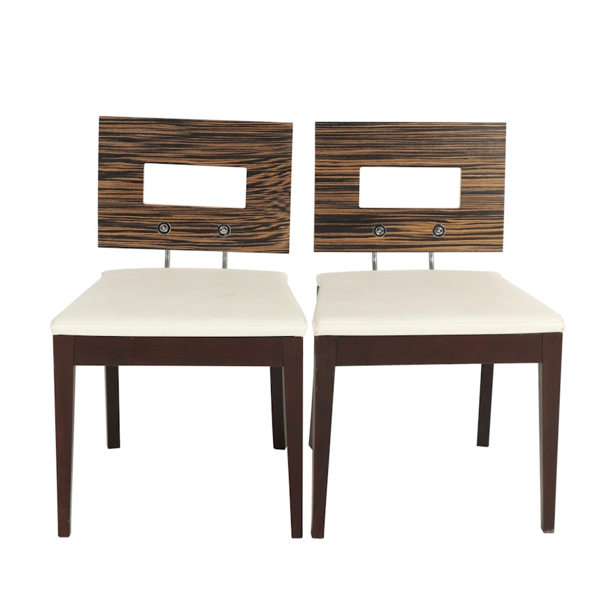 Pair of Contemporary Laminated Wood Side Chairs with Leather Upholstery