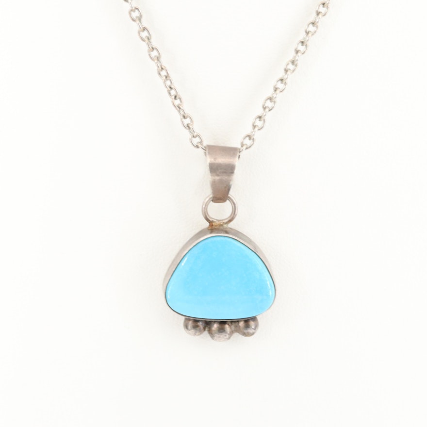 Southwestern Style Sterling Silver Turquoise Pendant Necklace