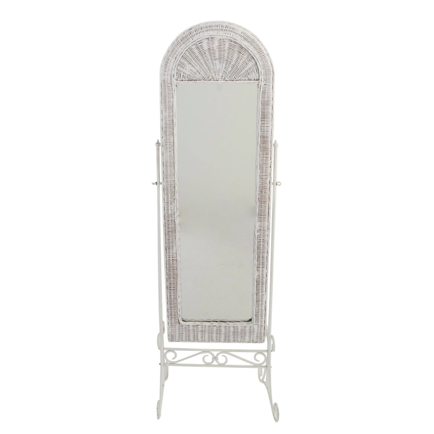 White Wicker and Scrolled Metal Cheval Mirror