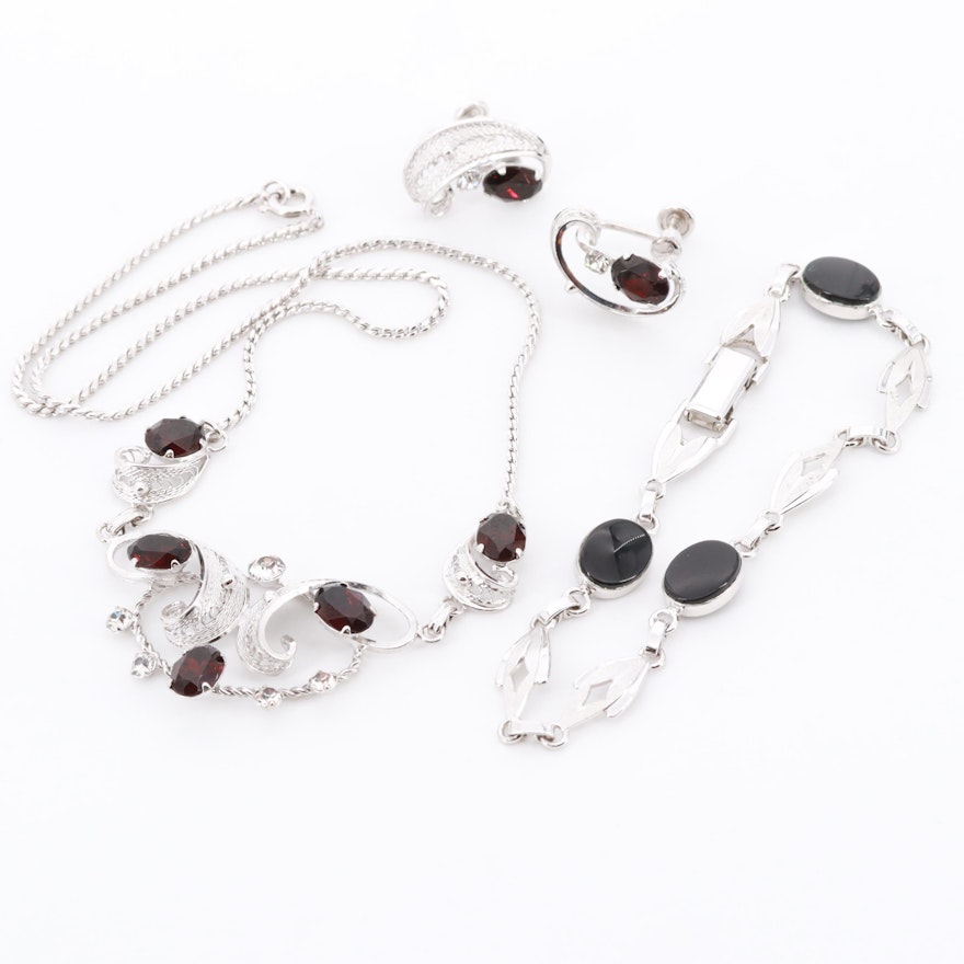 Van Dell Sterling Silver Black Onyx and Glass Necklace, Earrings and Bracelet