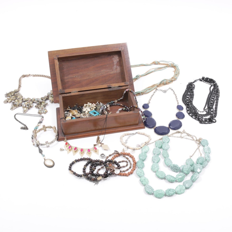 Costume Jewelry Assortment with Wood Jewelry Box