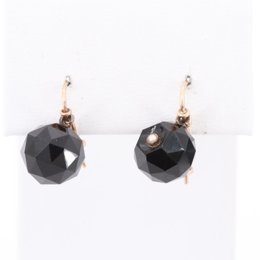 Vintage 14K  Yellow Gold Black Onyx and Seed Pearl Earrings