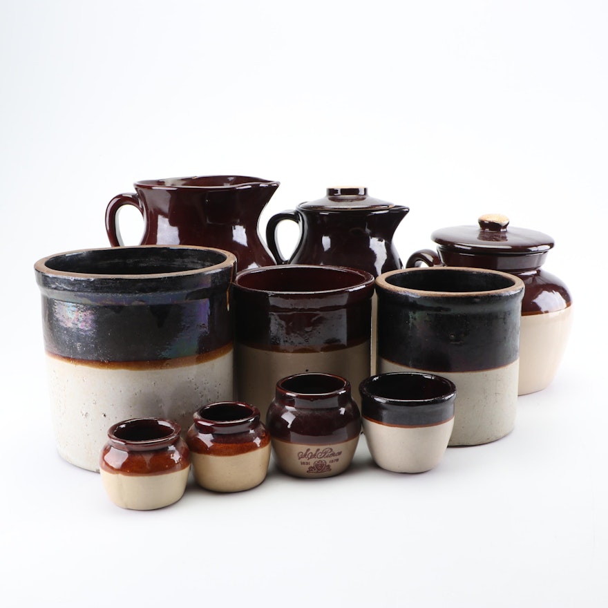 Albany Slip Glazed Stoneware Crocks, Jugs and Mustard Pots Including Ransbottom