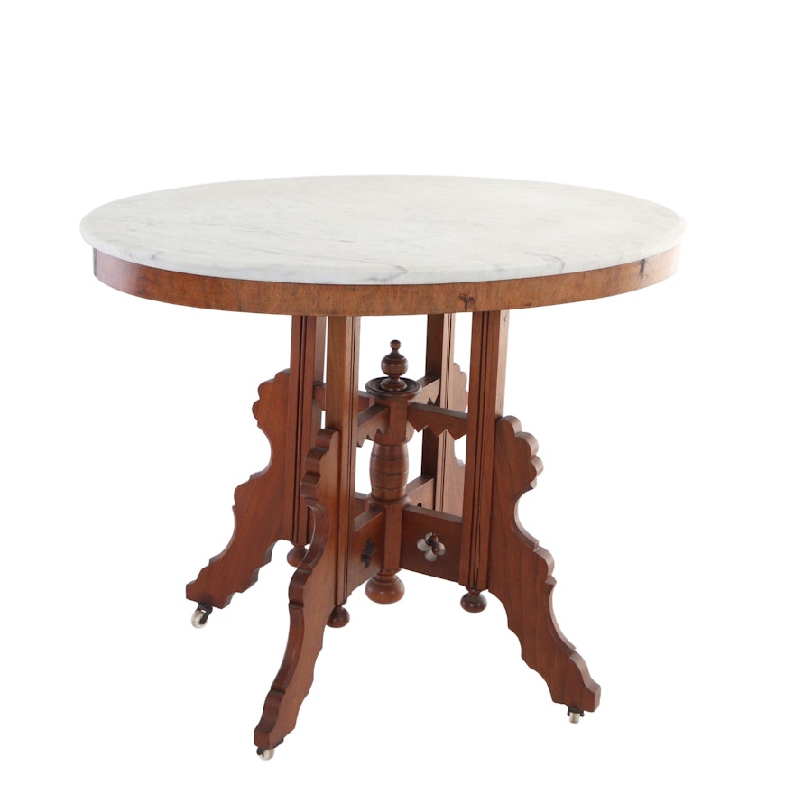 Victorian Walnut and White Marble Center Table, Late 19th Century