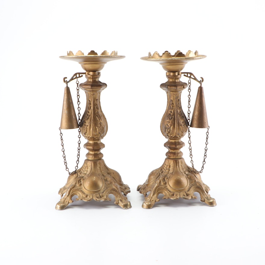 Baroque Style Cast Metal Candlesticks with Attached Snuffers