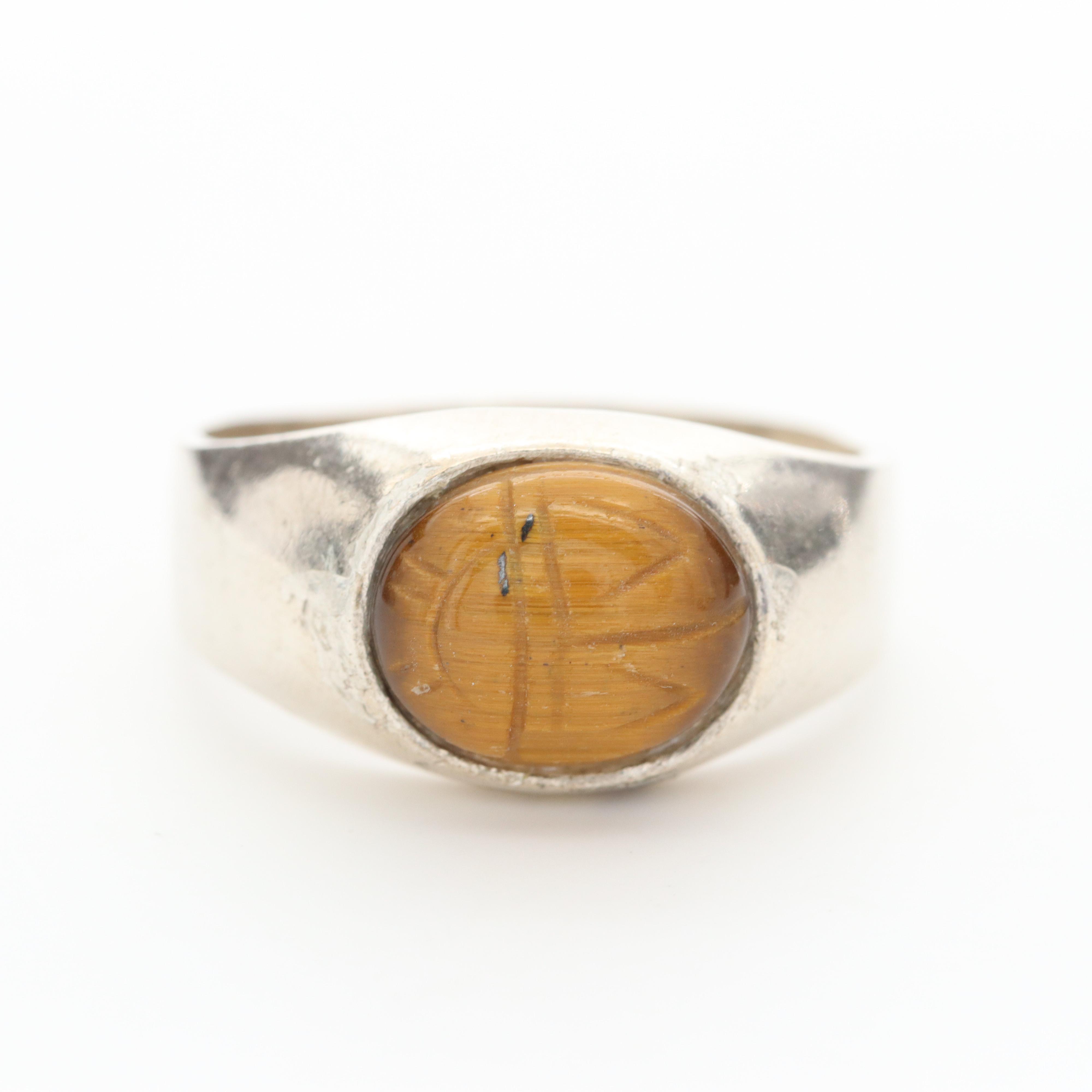 Collection of Sterling Silver Tiger's Eye, Enamel and Copal Rings