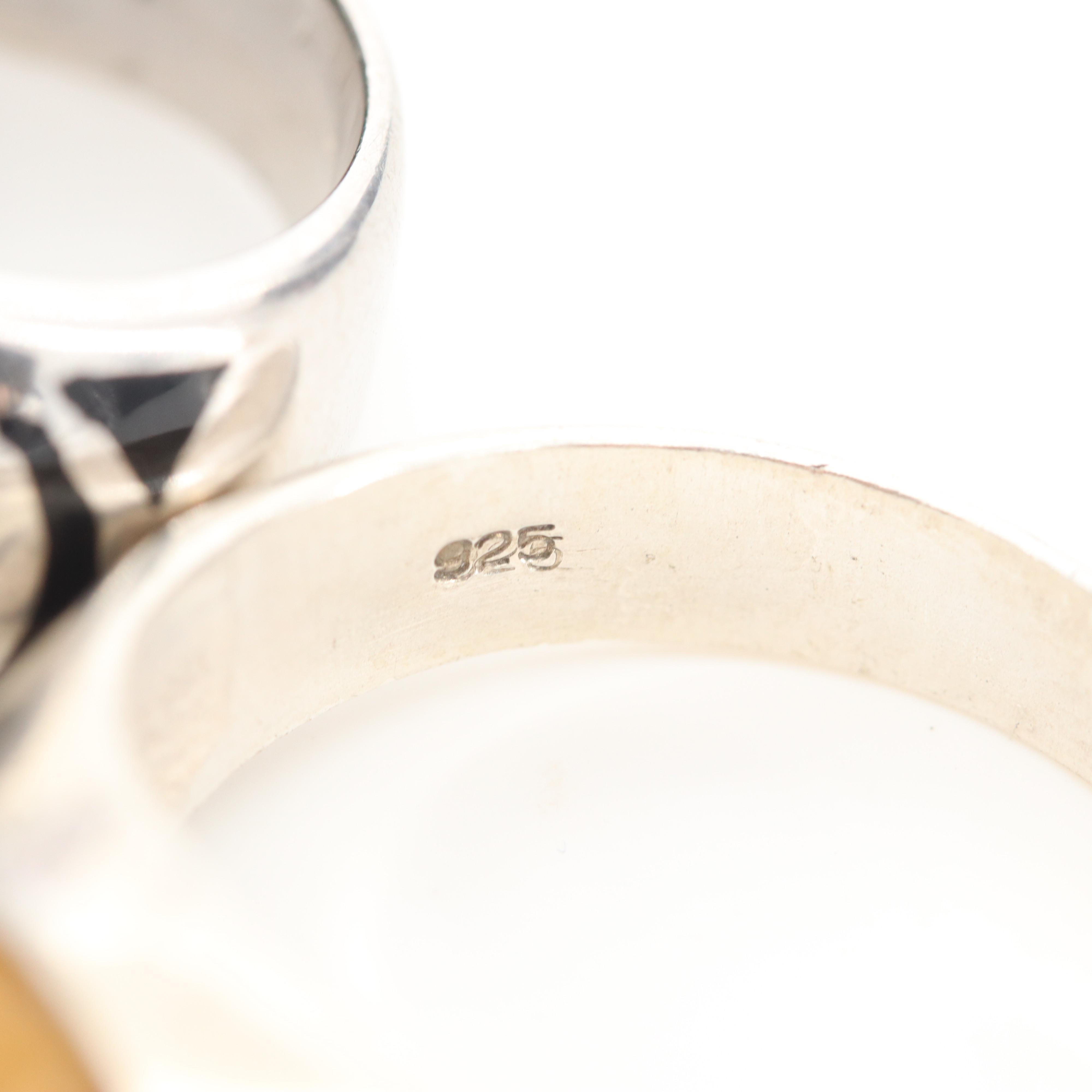 Collection of Sterling Silver Tiger's Eye, Enamel and Copal Rings