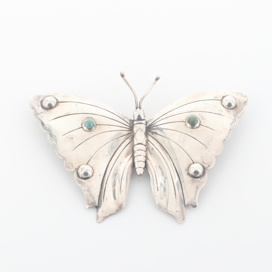 Vintage Sterling Silver Turquoise Butterfly Brooch