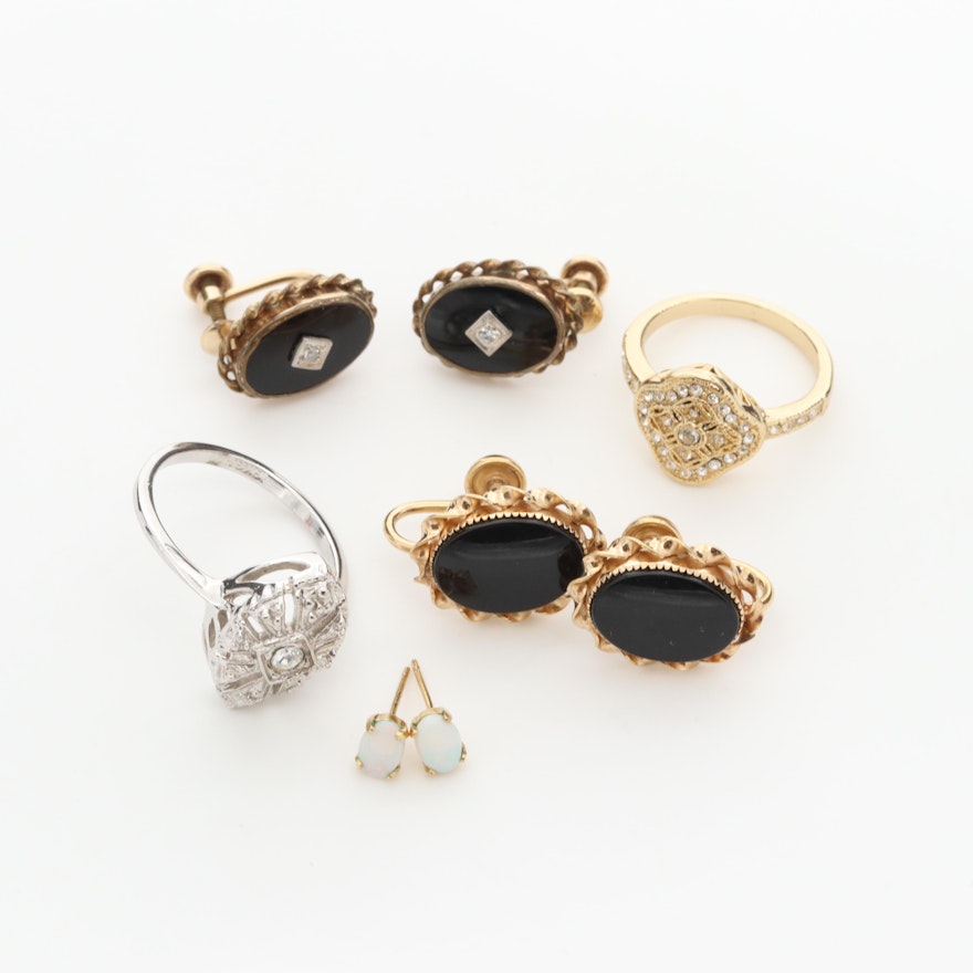 Diamond Black Onyx and Opal Earrings and Rings featuring Vintage Van Dell