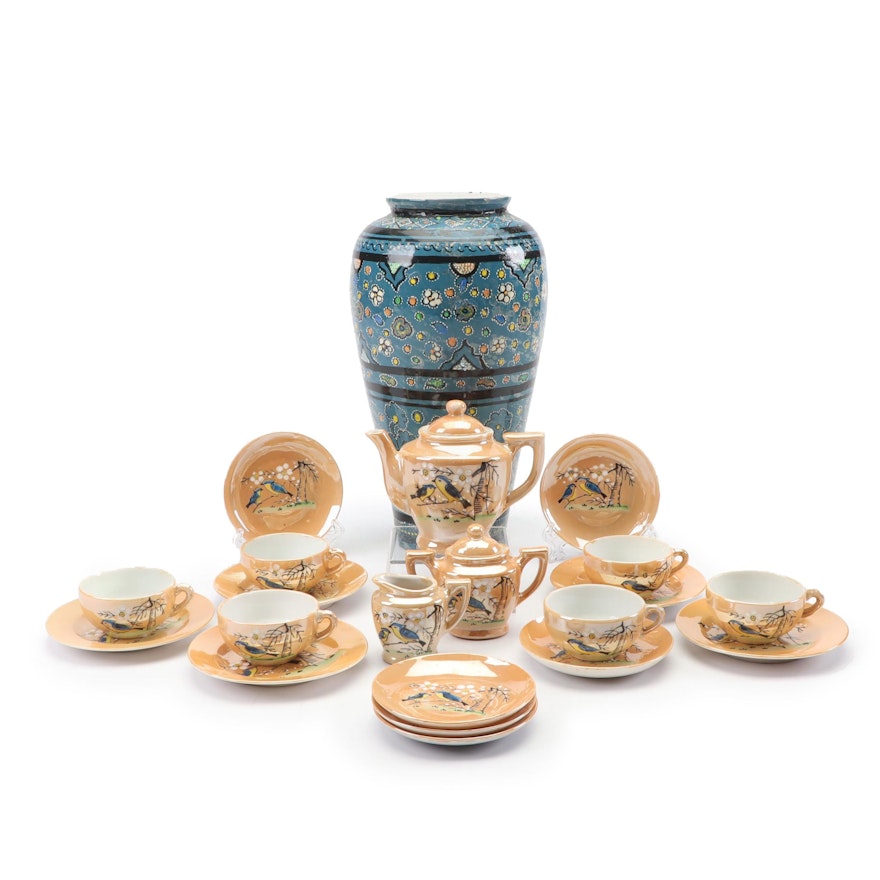 Hand-Painted Vase with Miniature Japanese Lusterware Tea Set