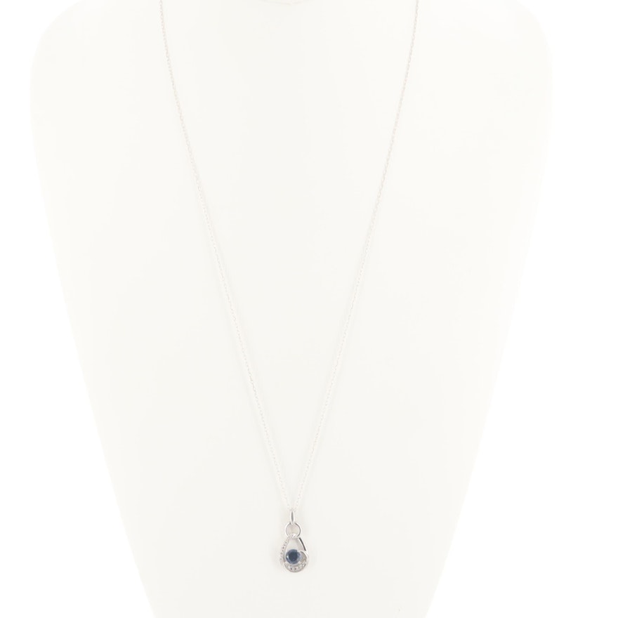Sterling Silver Blue and White Synthetic Sapphire Pendant and Necklace