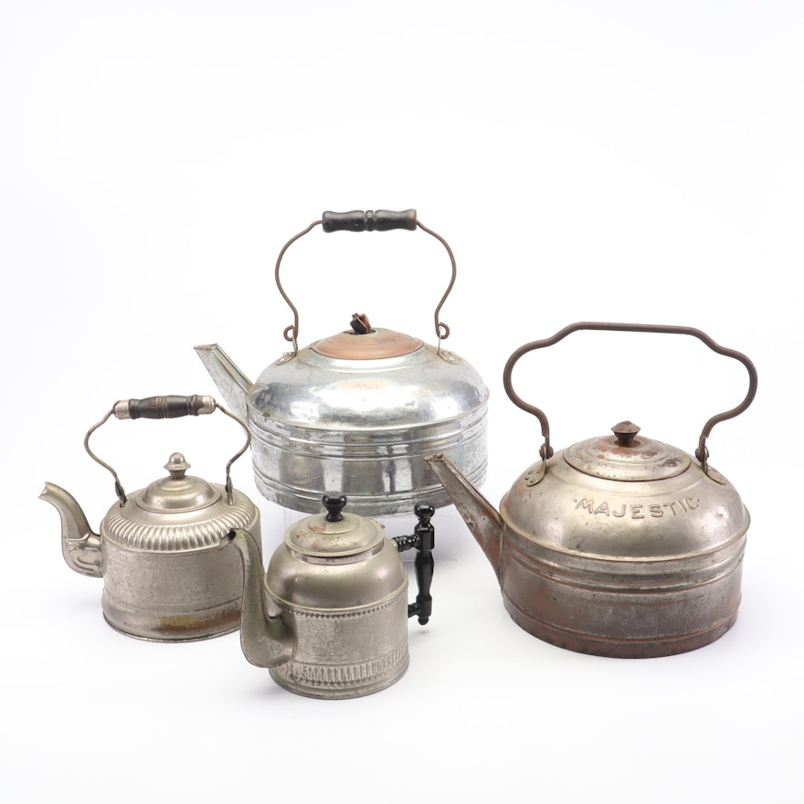 Tin and Copper Tea Kettles, Vintage