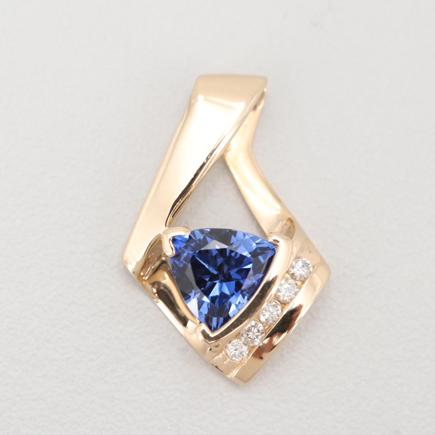 14K Yellow Gold 2.49 CT Sapphire and Diamond Pendant