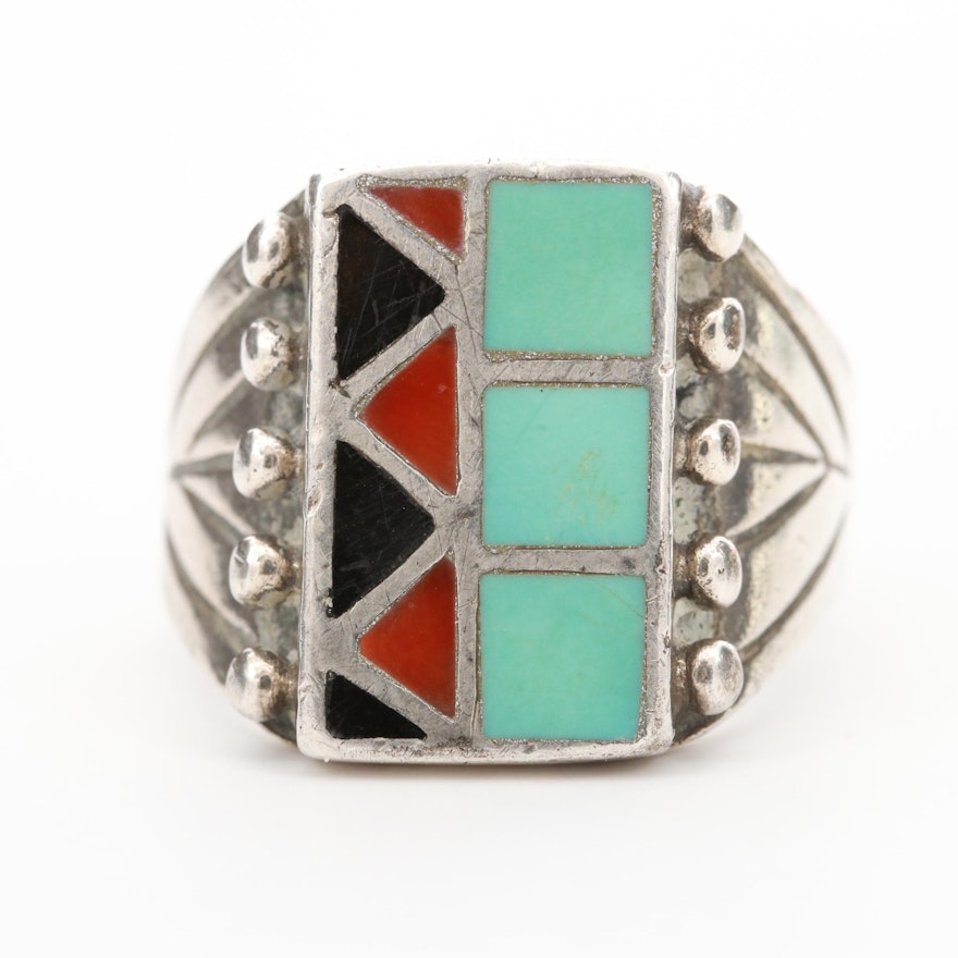 Southwestern Style Sterling Silver Turquoise, Coral and Black Onyx Ring