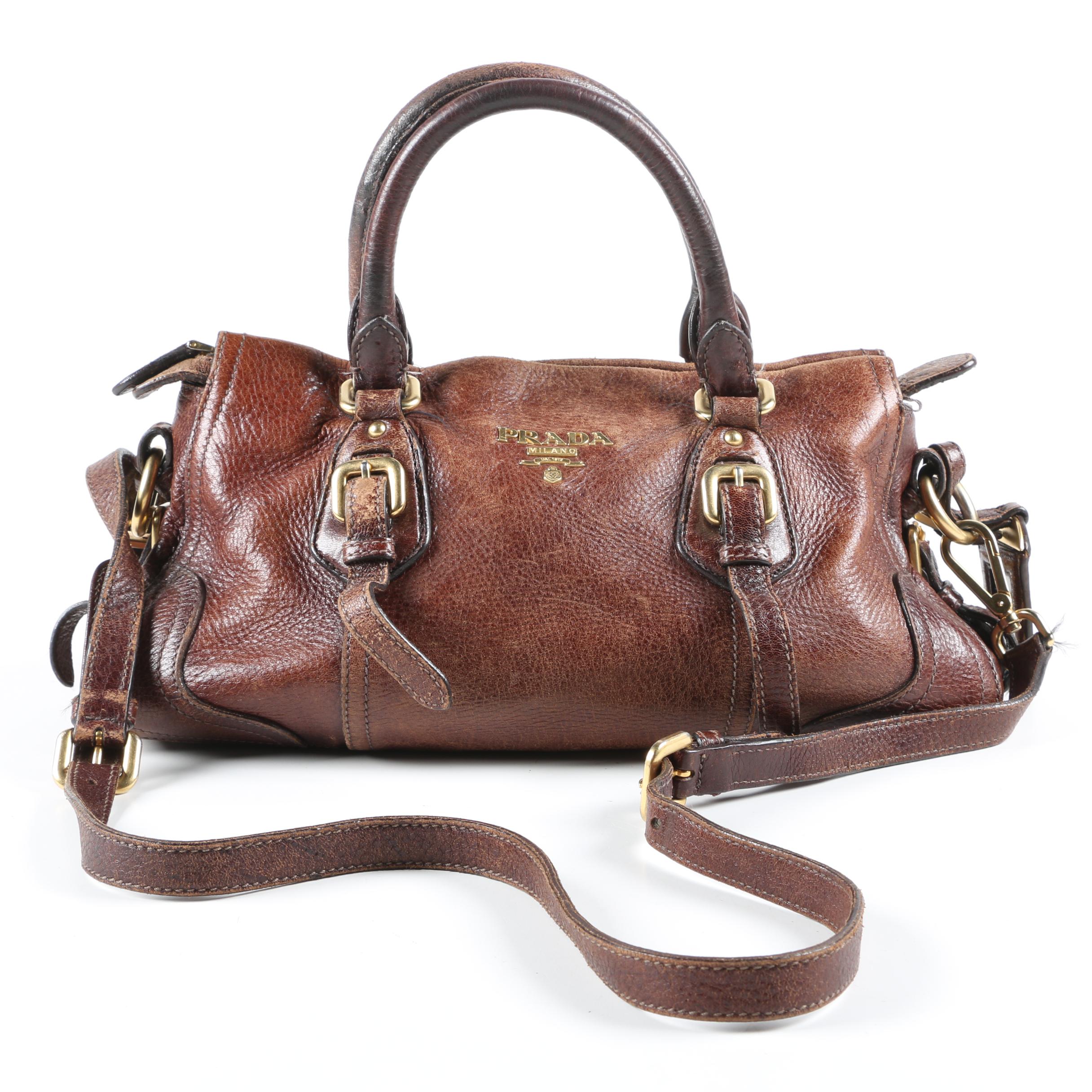 Prada Satchel in Distressed Chestnut Grained Leather with Shoulder Strap
