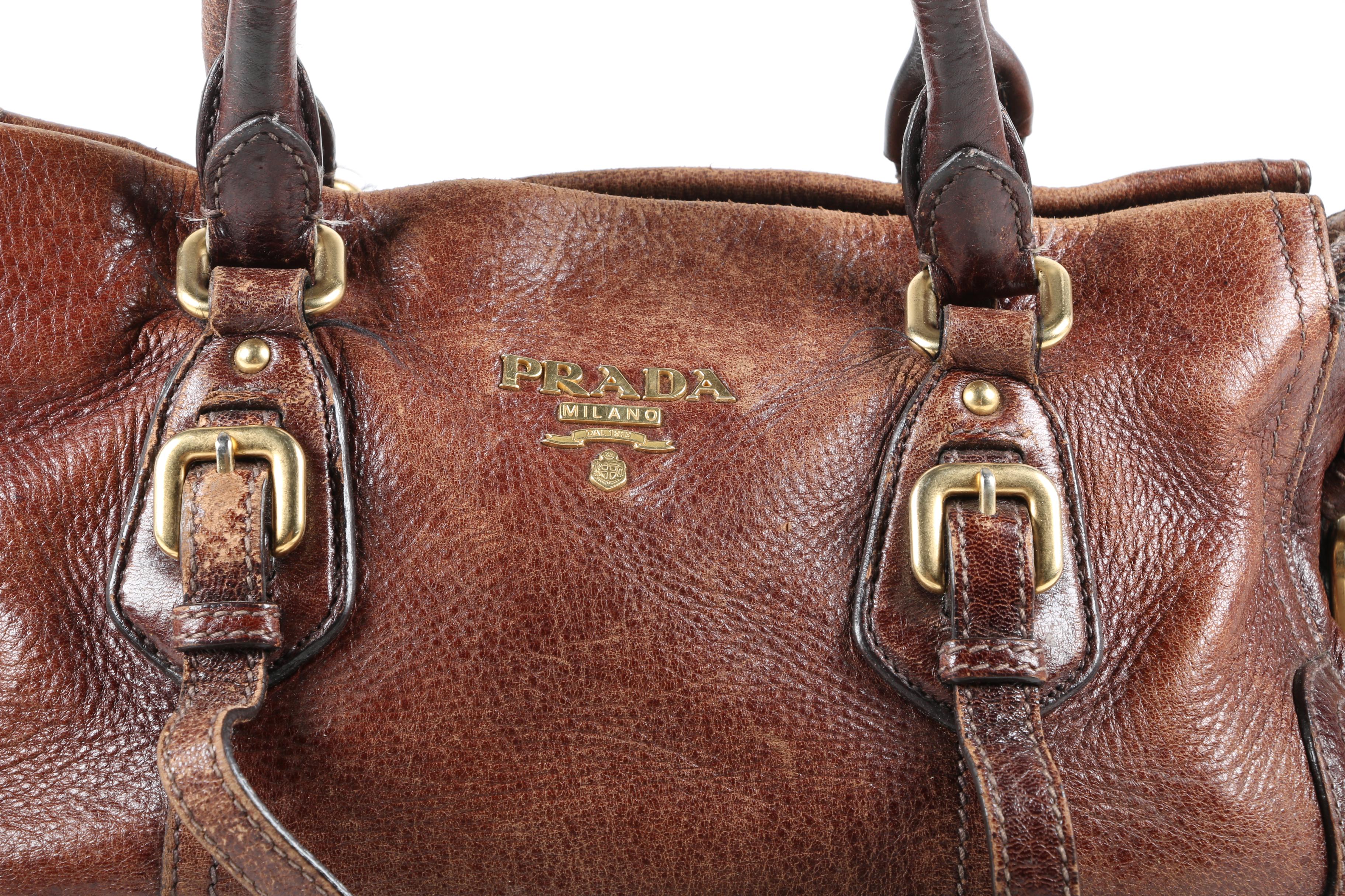 Prada Satchel in Distressed Chestnut Grained Leather with Shoulder Strap