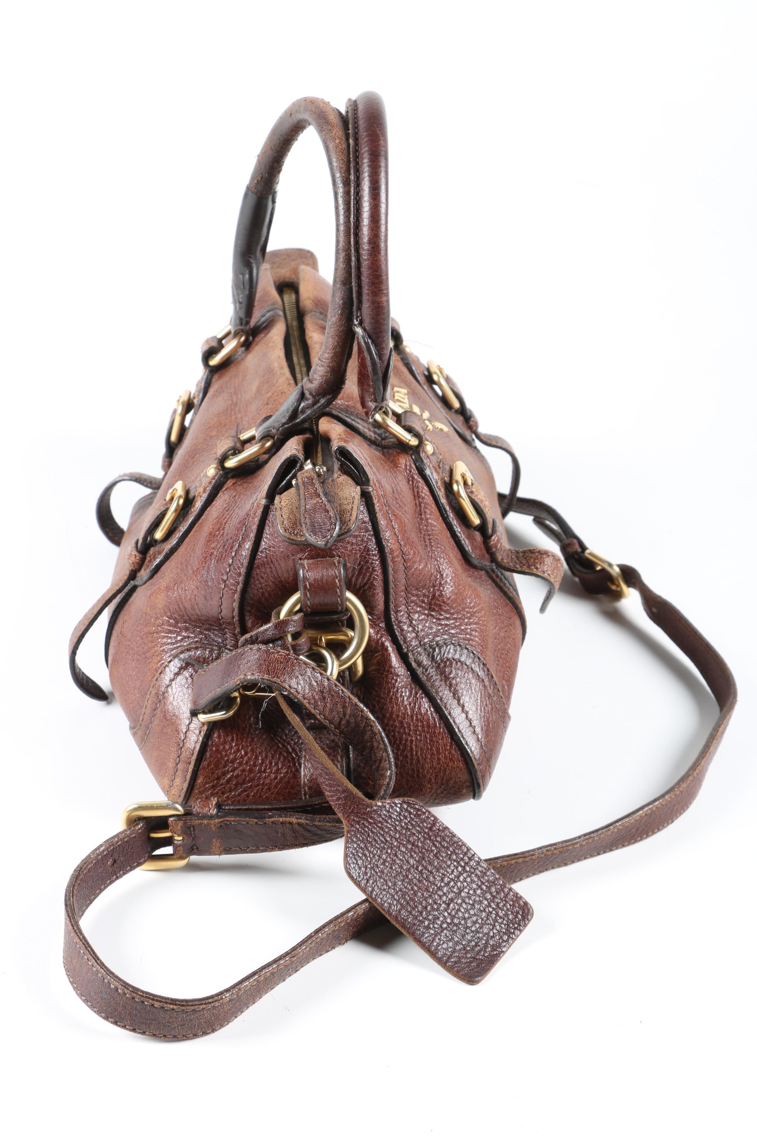 Prada Satchel in Distressed Chestnut Grained Leather with Shoulder Strap