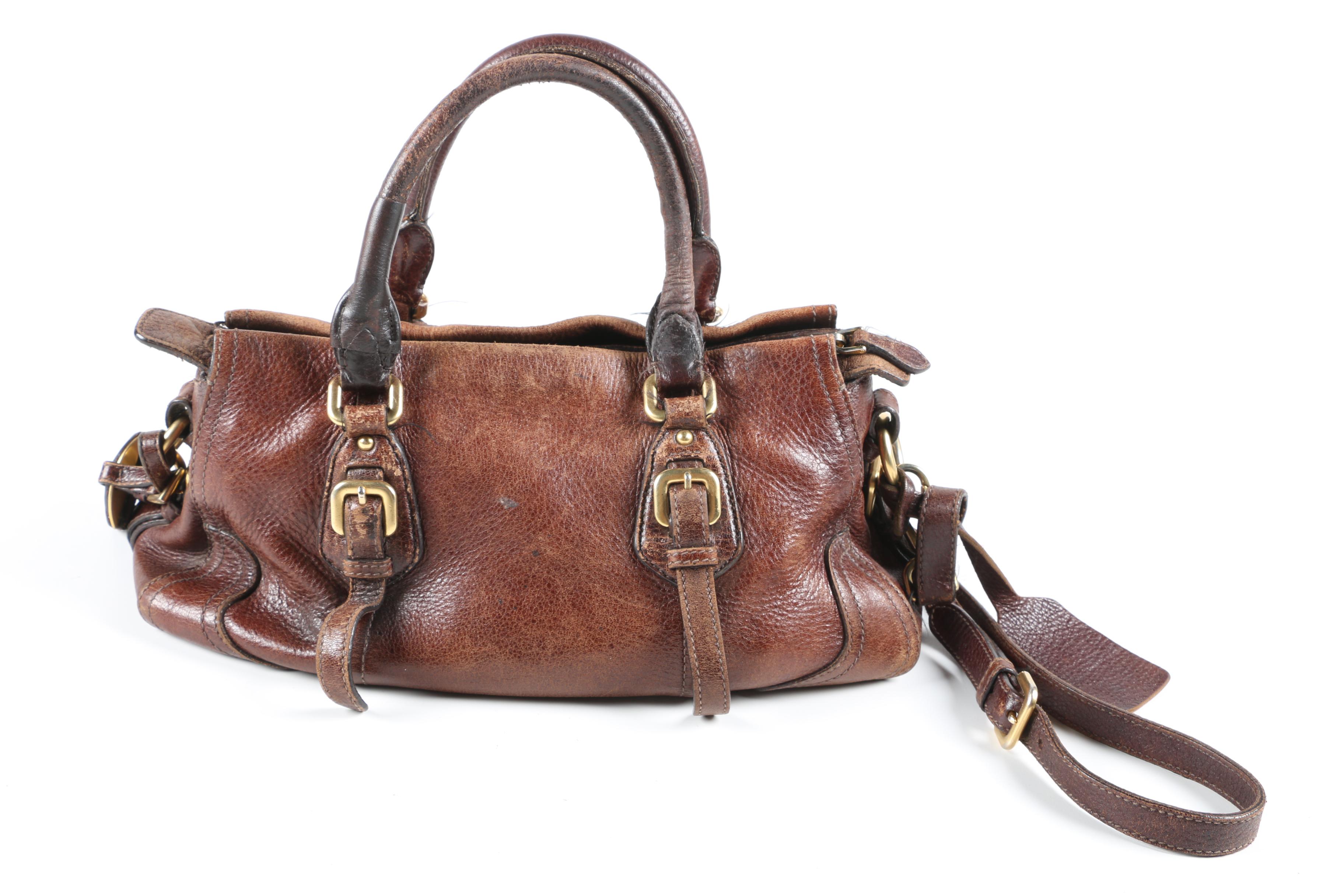 Prada Satchel in Distressed Chestnut Grained Leather with Shoulder Strap