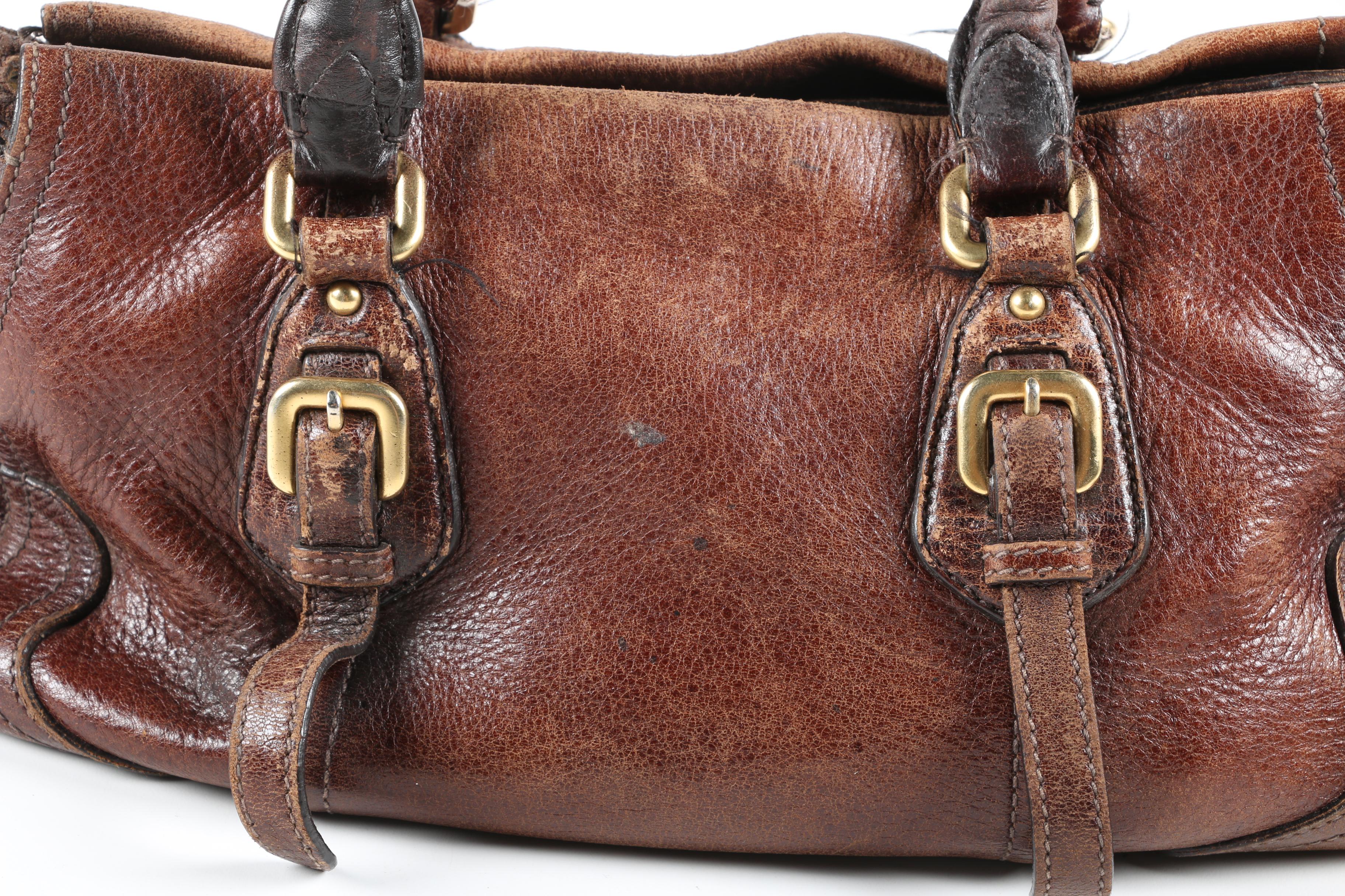 Prada Satchel in Distressed Chestnut Grained Leather with Shoulder Strap