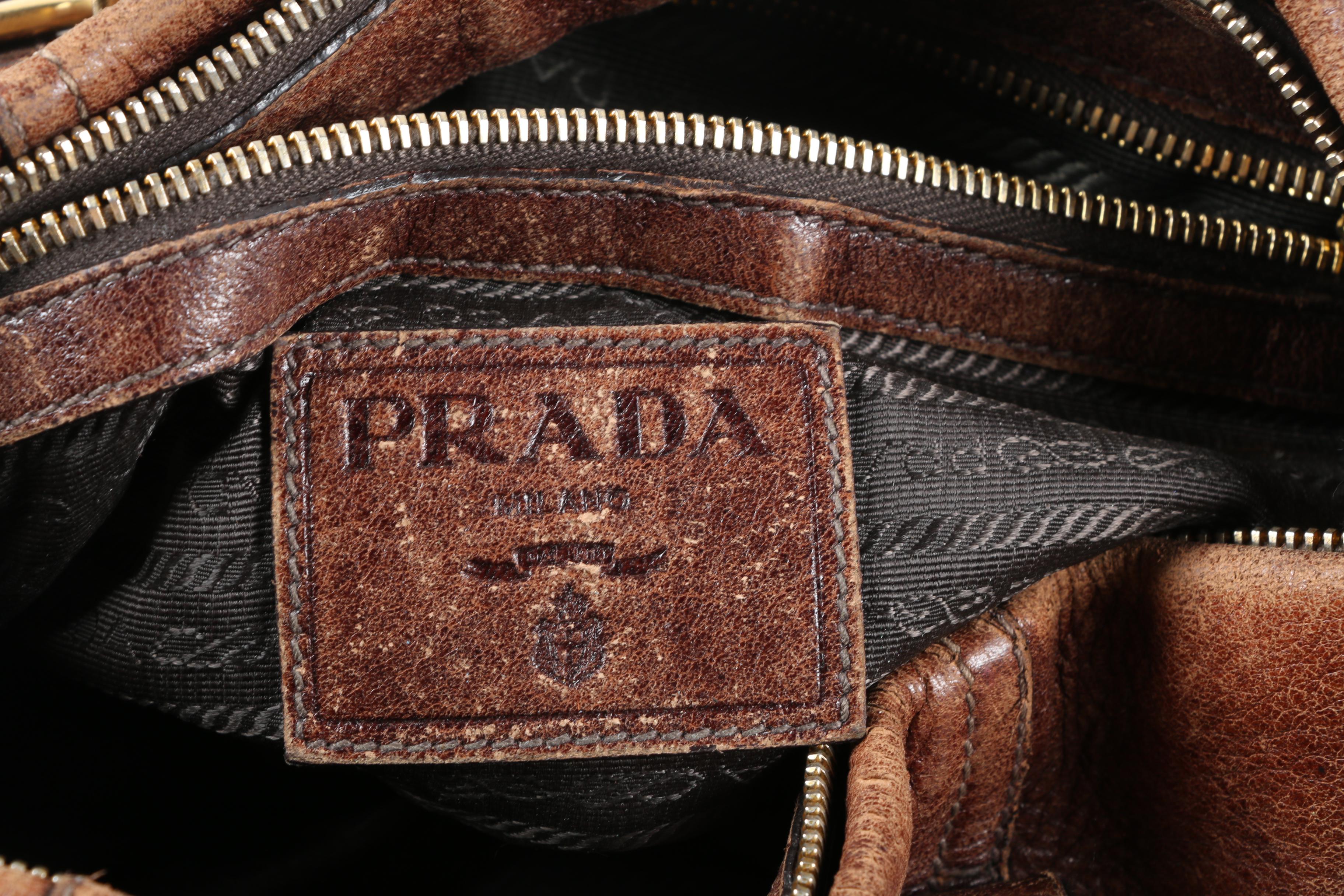 Prada Satchel in Distressed Chestnut Grained Leather with Shoulder Strap