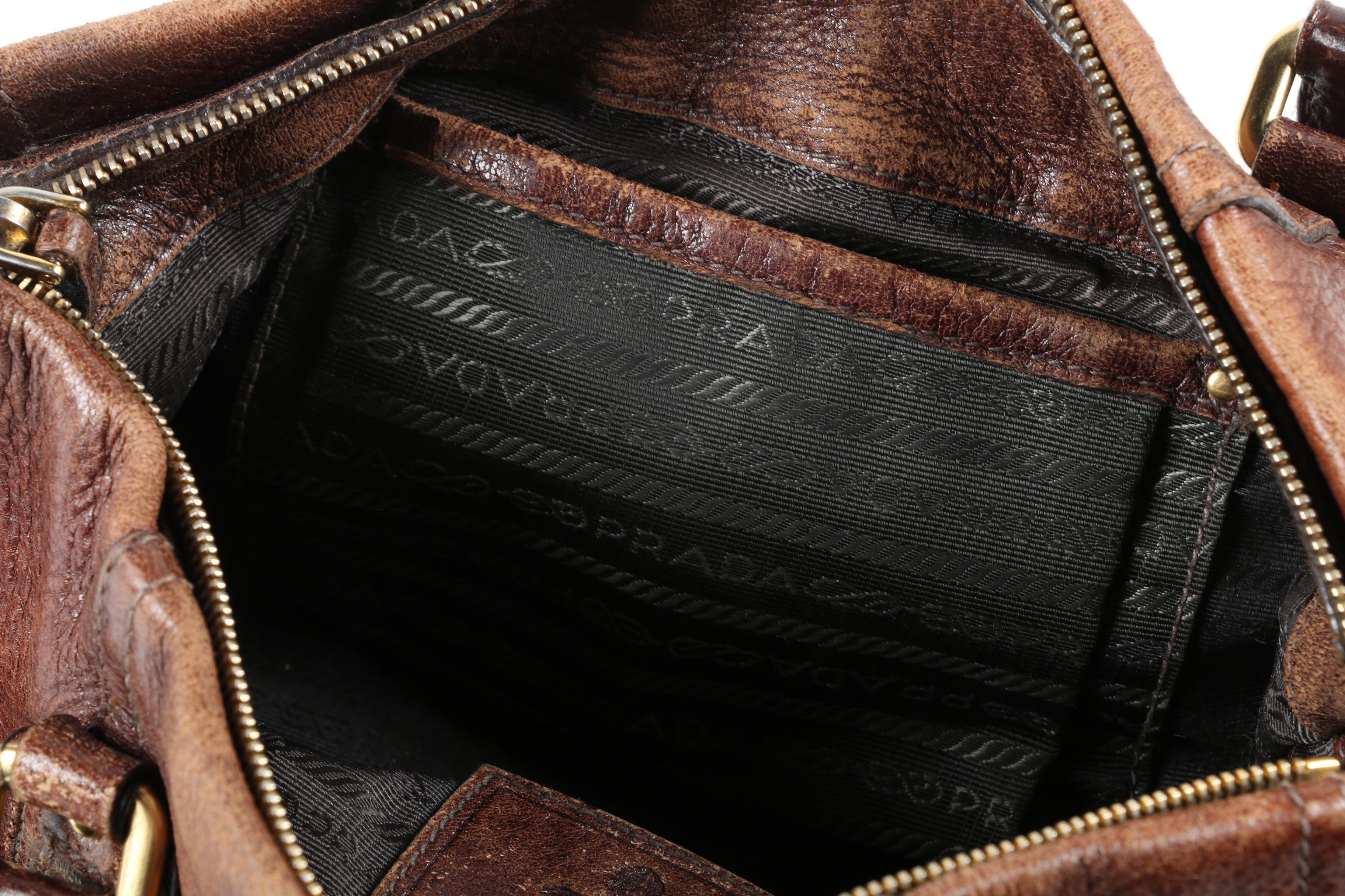 Prada Satchel in Distressed Chestnut Grained Leather with Shoulder Strap