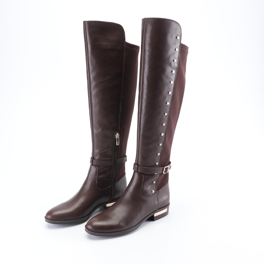 Vince Camuto Studded Brown Leather and Suede Riding Boots