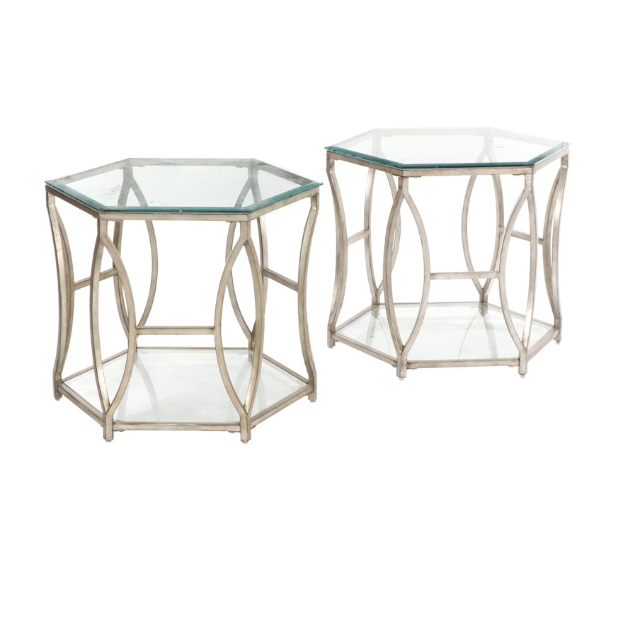Pair of Contemporary Hexagonal Glass Top Metal End Tables
