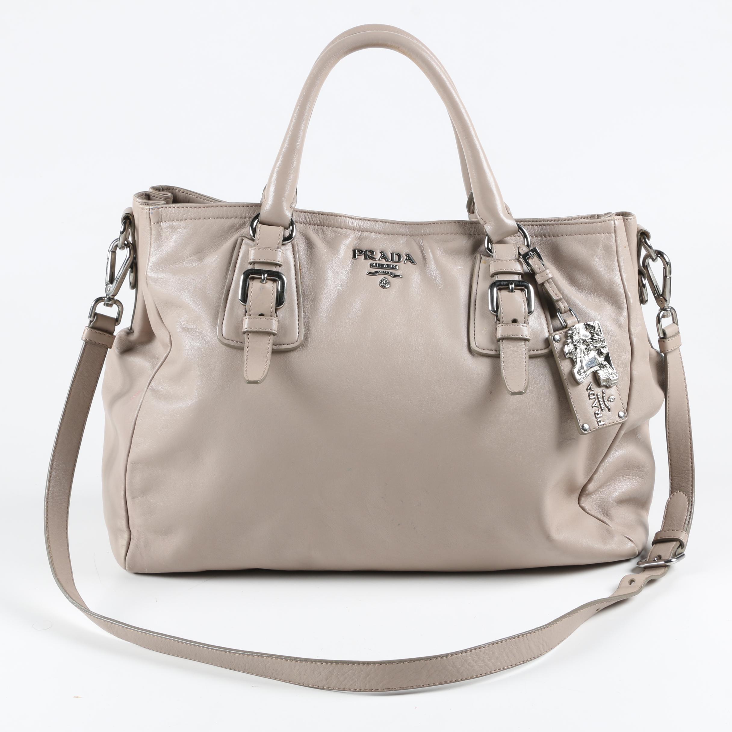 Prada Gray Leather Tote Bag with Adjustable Shoulder Strap