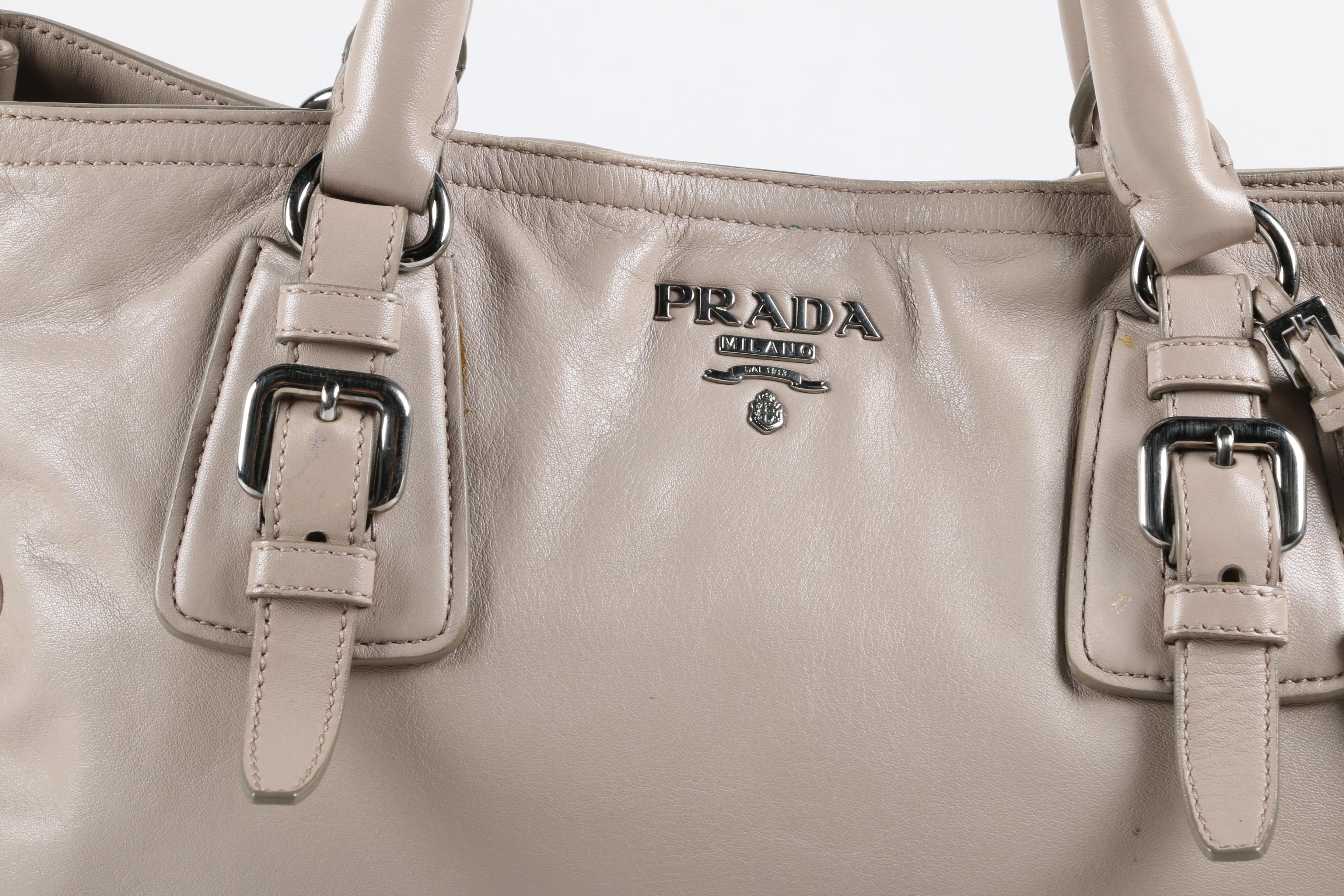 Prada Gray Leather Tote Bag with Adjustable Shoulder Strap