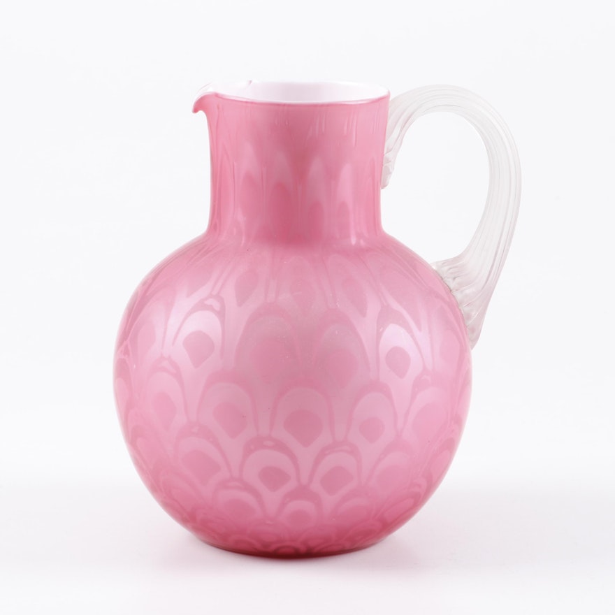 Pink Satin Cased Glass Pitcher in the Style of Mt. Washington Glass, Circa 1900