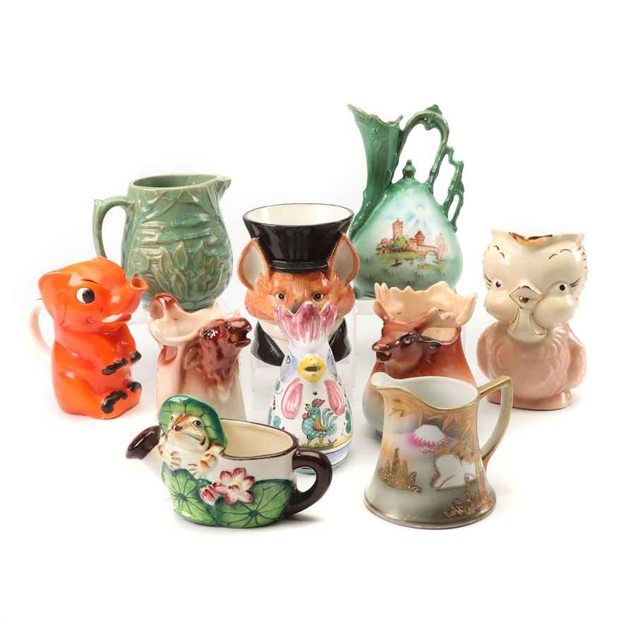 Hand-Painted Earthenware Pitchers Featuring Deruta and McCoy