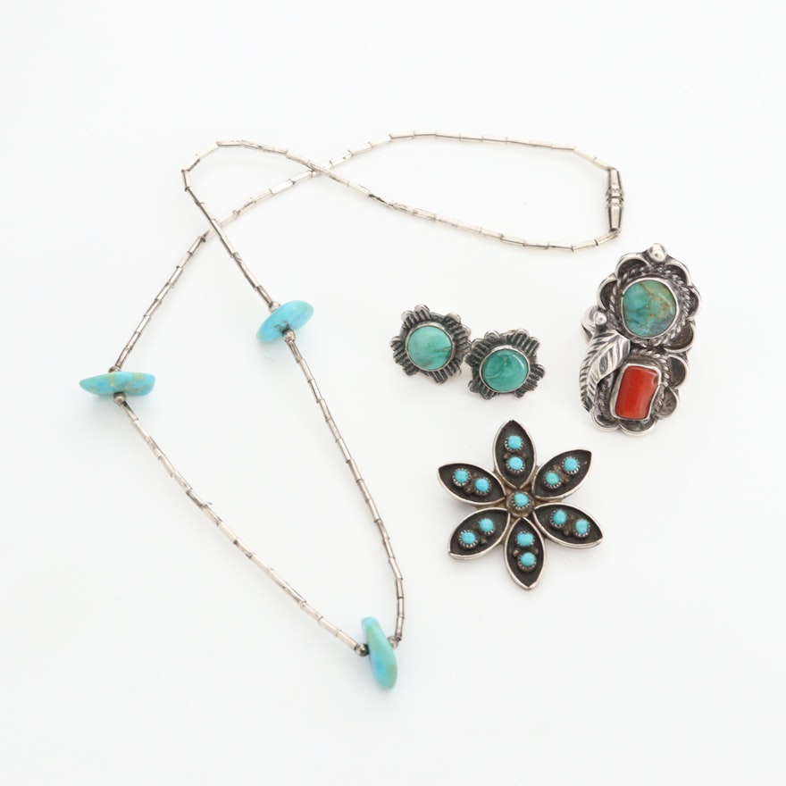 Southwestern Style Sterling Silver Turquoise Jewelry Including Coral