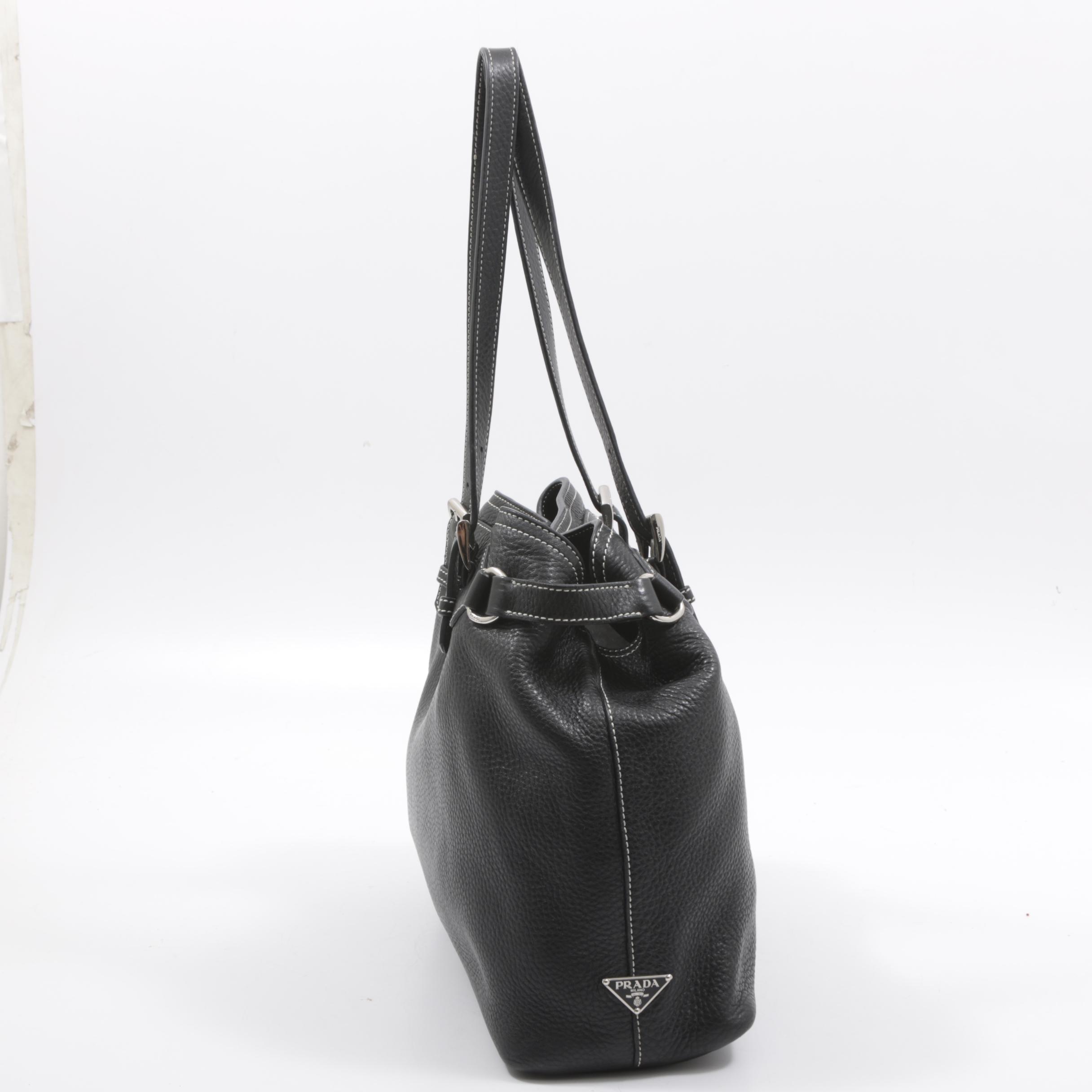 Prada Daino Pebbled Black Leather Shoulder Bag with Contrast Stitching