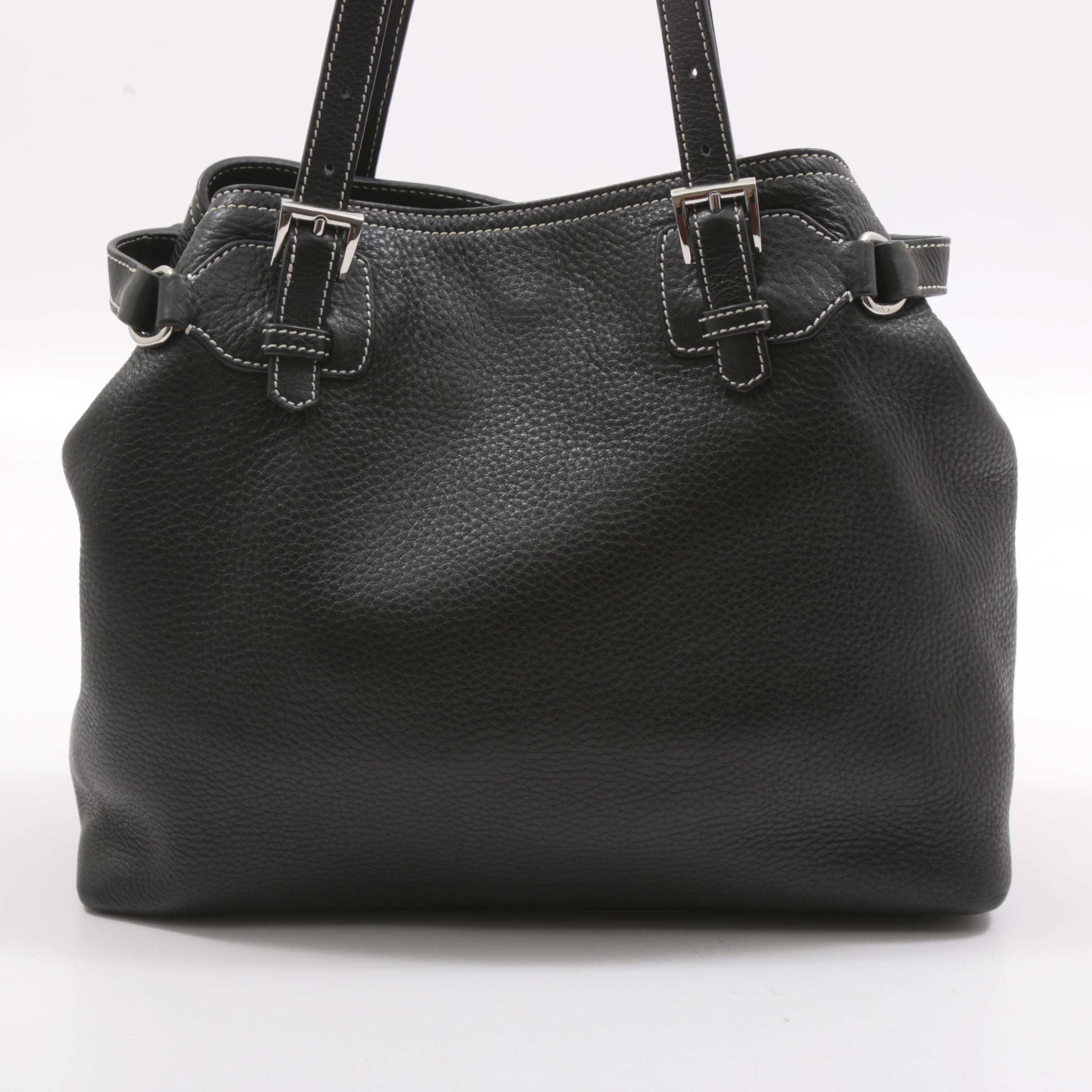 Prada Daino Pebbled Black Leather Shoulder Bag with Contrast Stitching