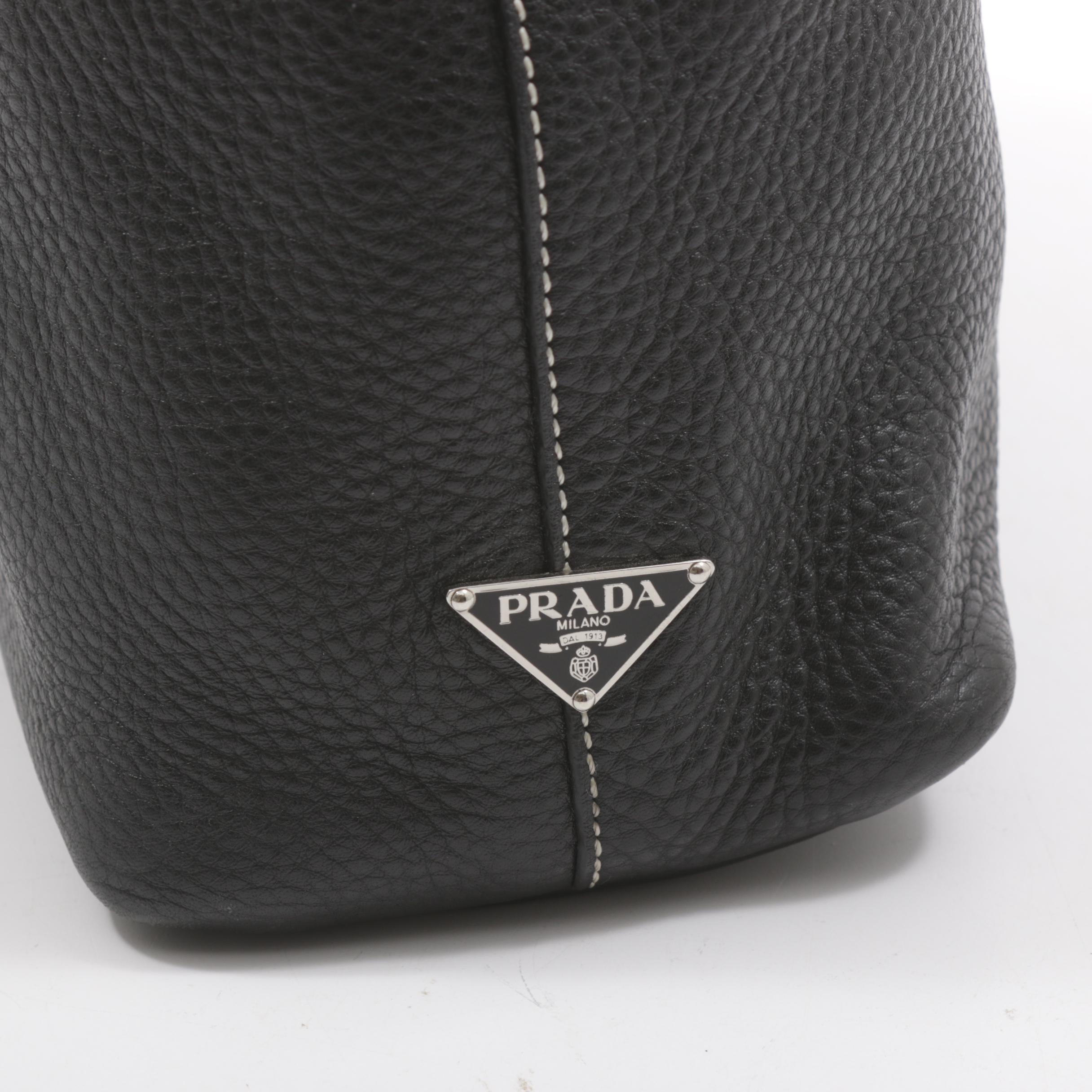 Prada Daino Pebbled Black Leather Shoulder Bag with Contrast Stitching