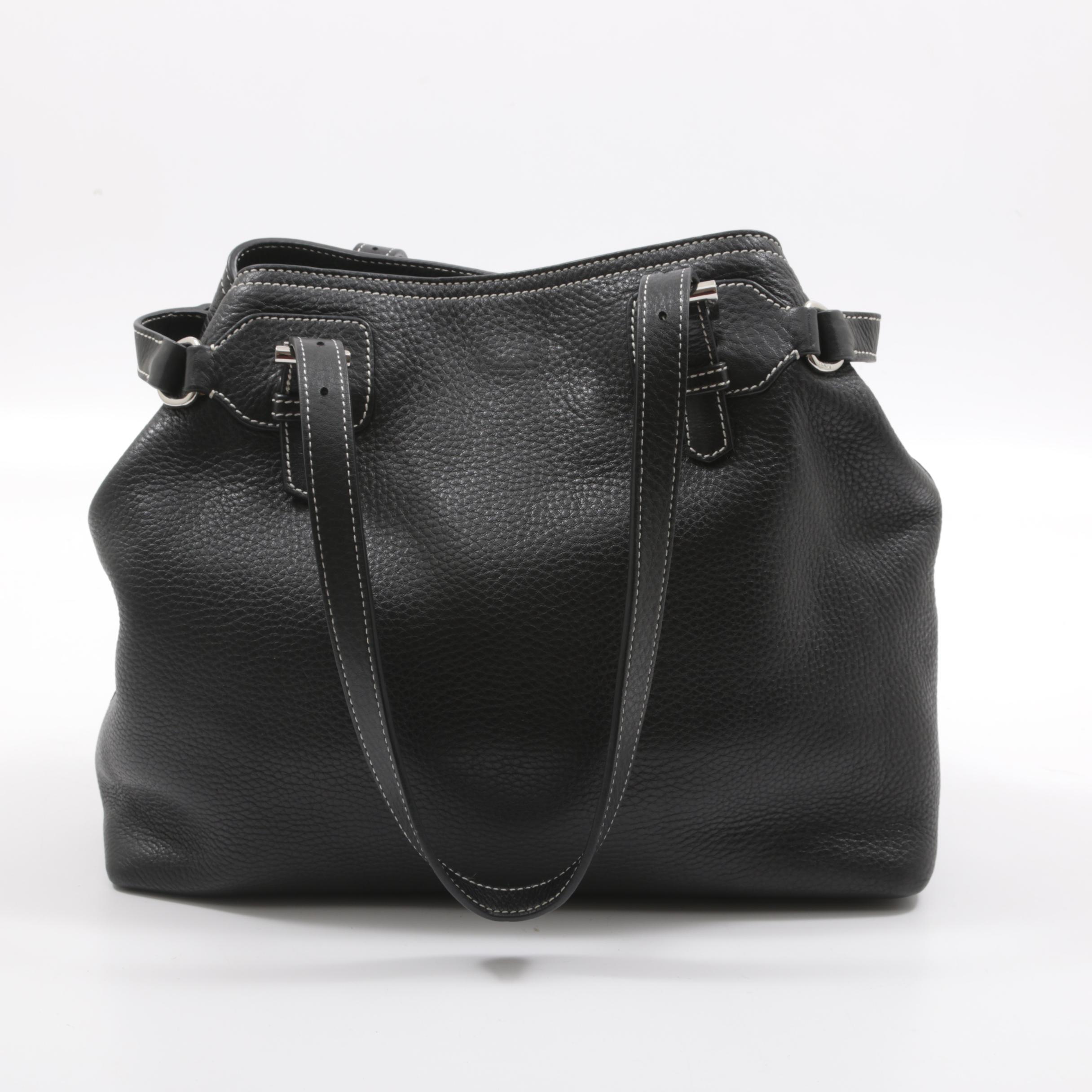 Prada Daino Pebbled Black Leather Shoulder Bag with Contrast Stitching