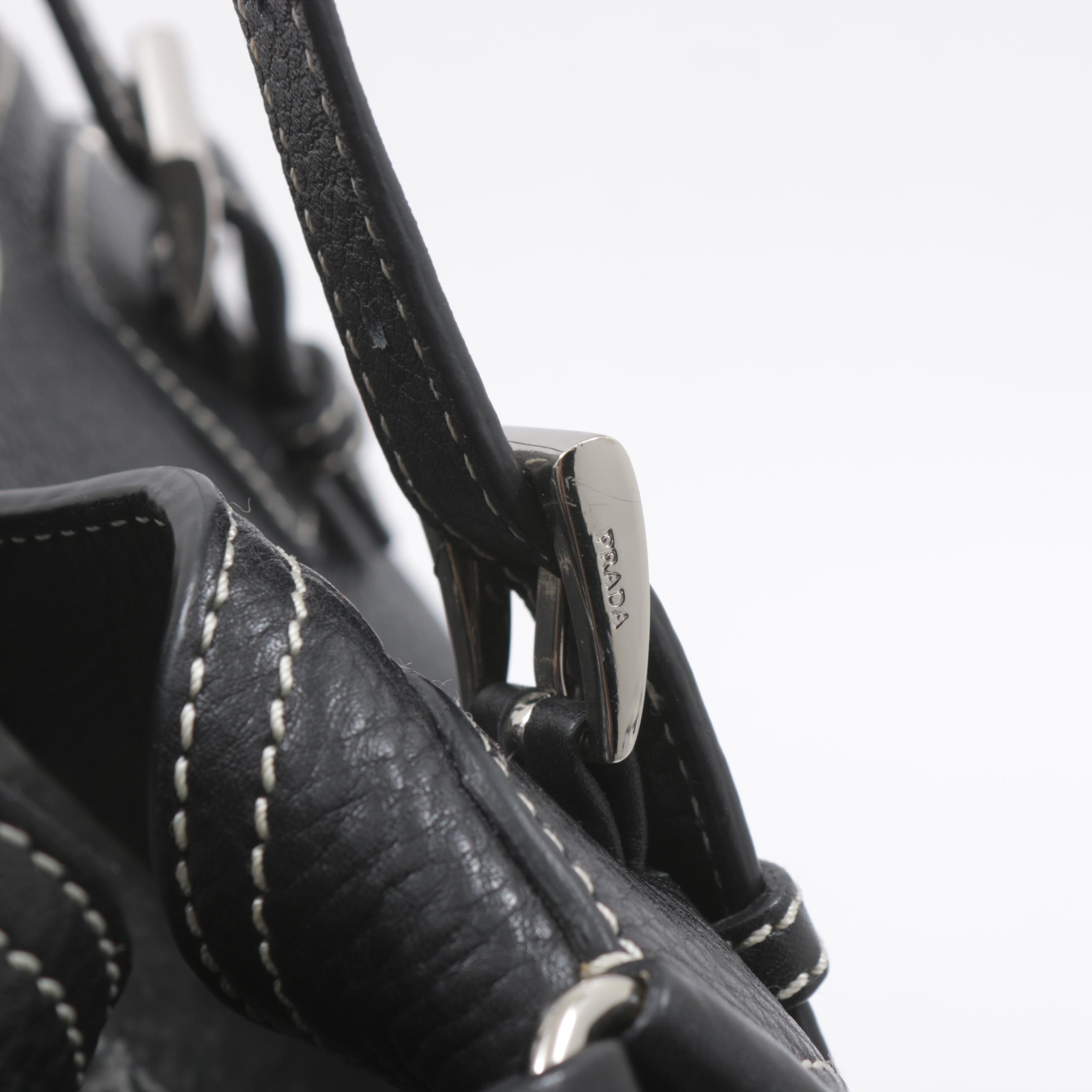 Prada Daino Pebbled Black Leather Shoulder Bag with Contrast Stitching