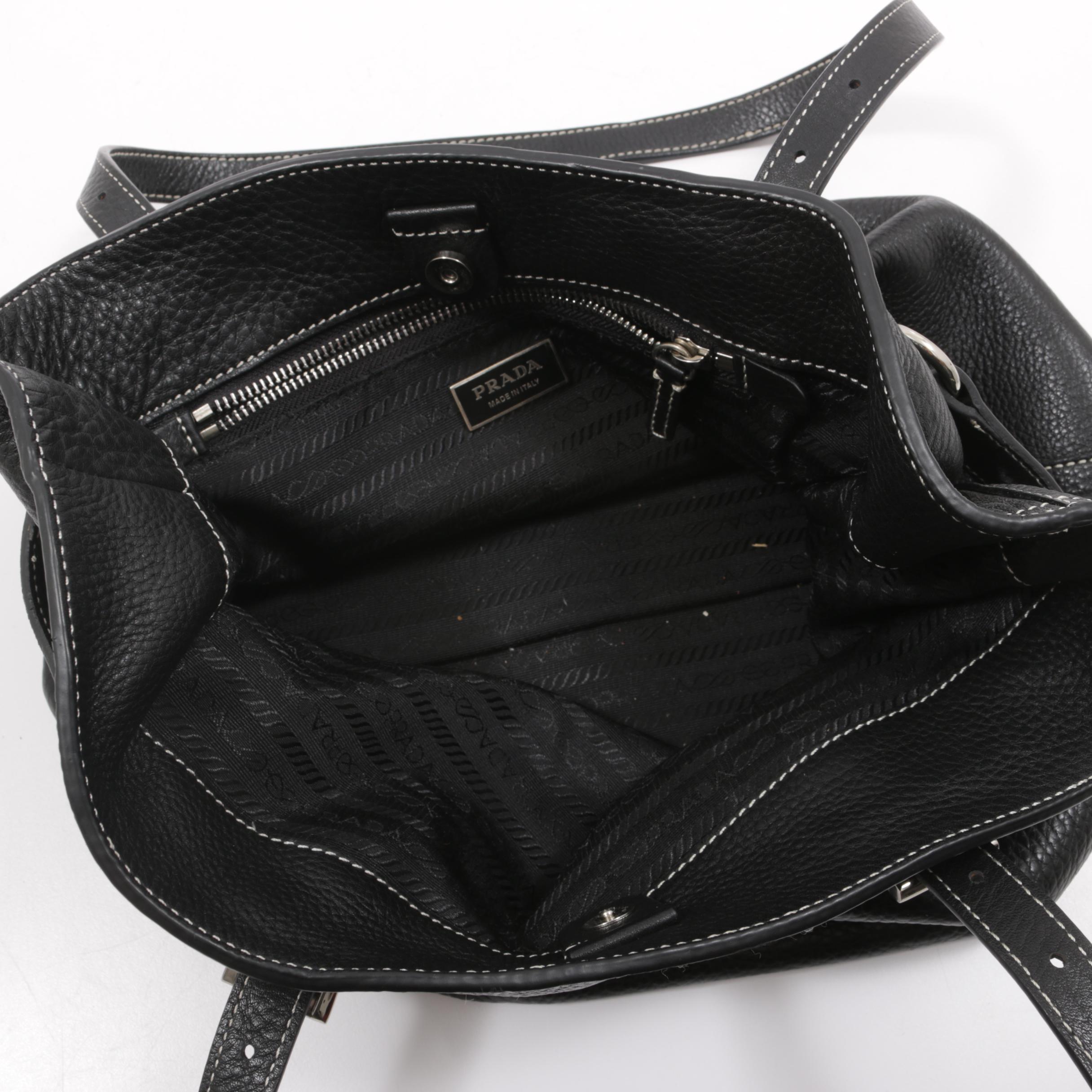 Prada Daino Pebbled Black Leather Shoulder Bag with Contrast Stitching