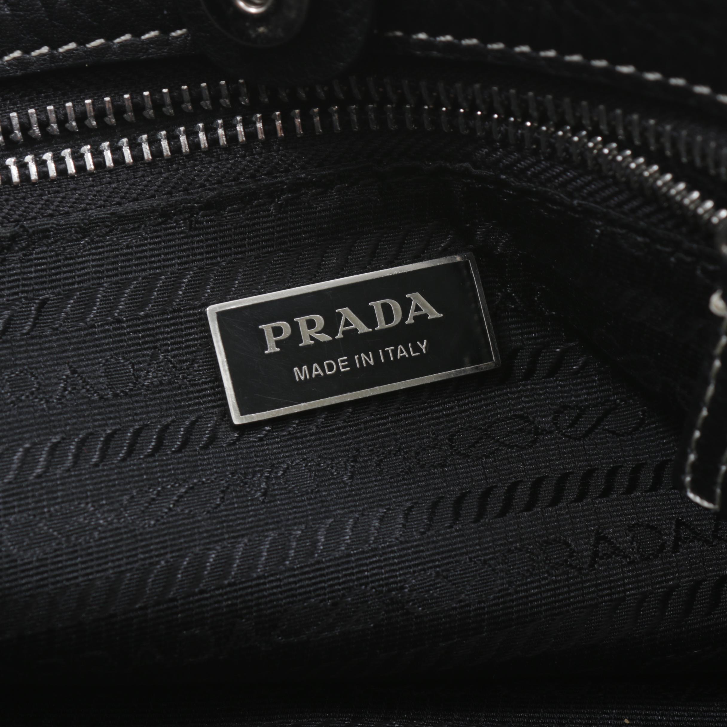 Prada Daino Pebbled Black Leather Shoulder Bag with Contrast Stitching