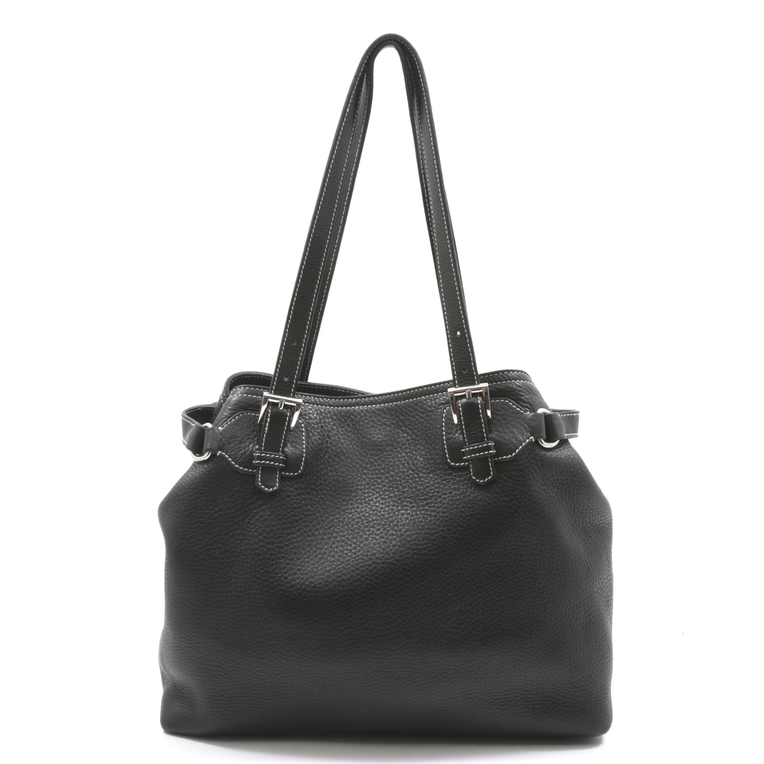 Prada Daino Pebbled Black Leather Shoulder Bag with Contrast Stitching