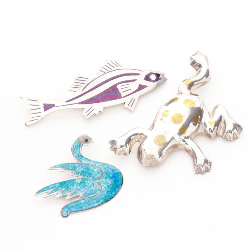 Mexico Sterling Silver Animal Motif Brooches Including Purple and Blue Enamel