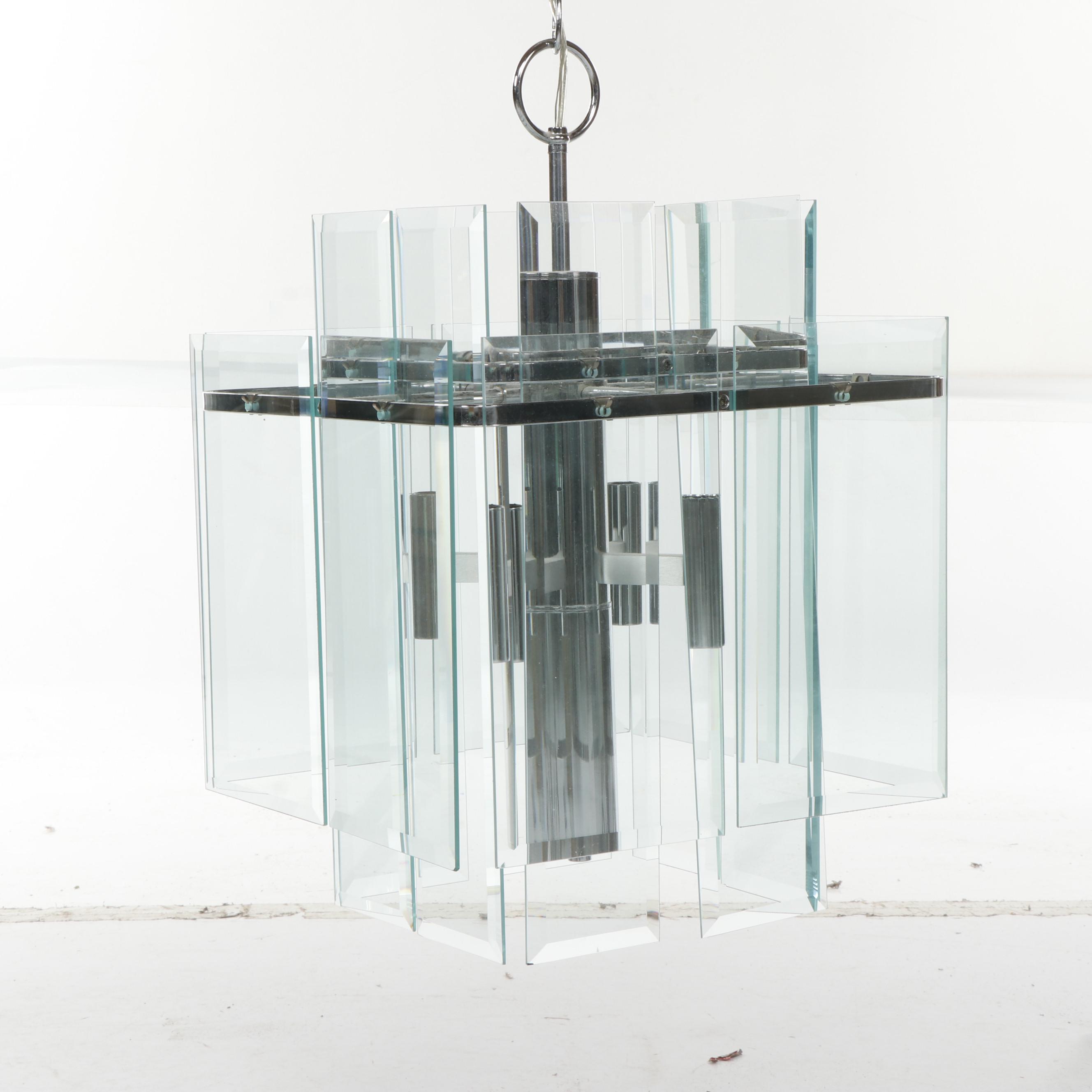 Mid Century Modern Chrome Chandelier with Beveled Glass Panels