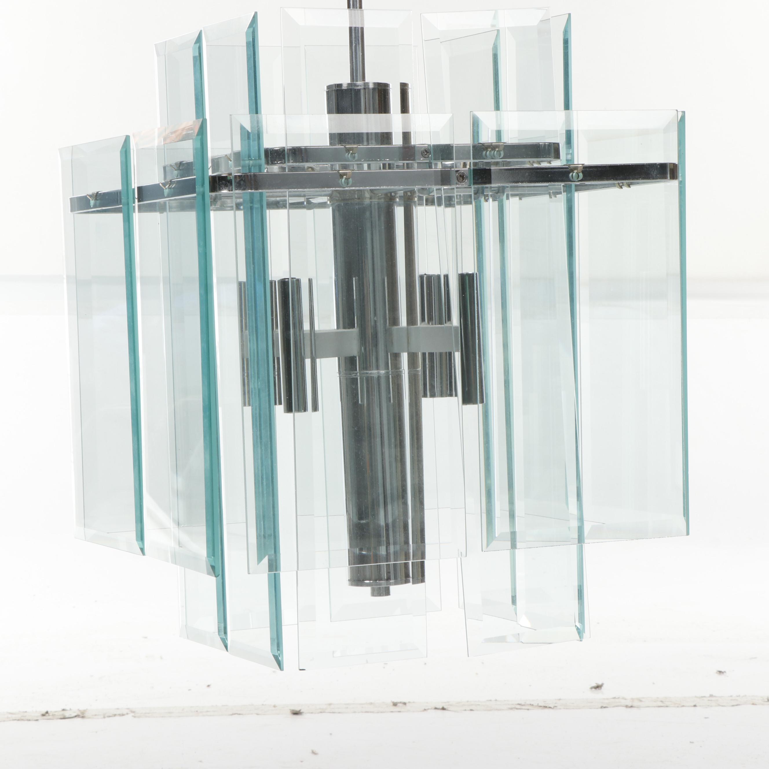 Mid Century Modern Chrome Chandelier with Beveled Glass Panels