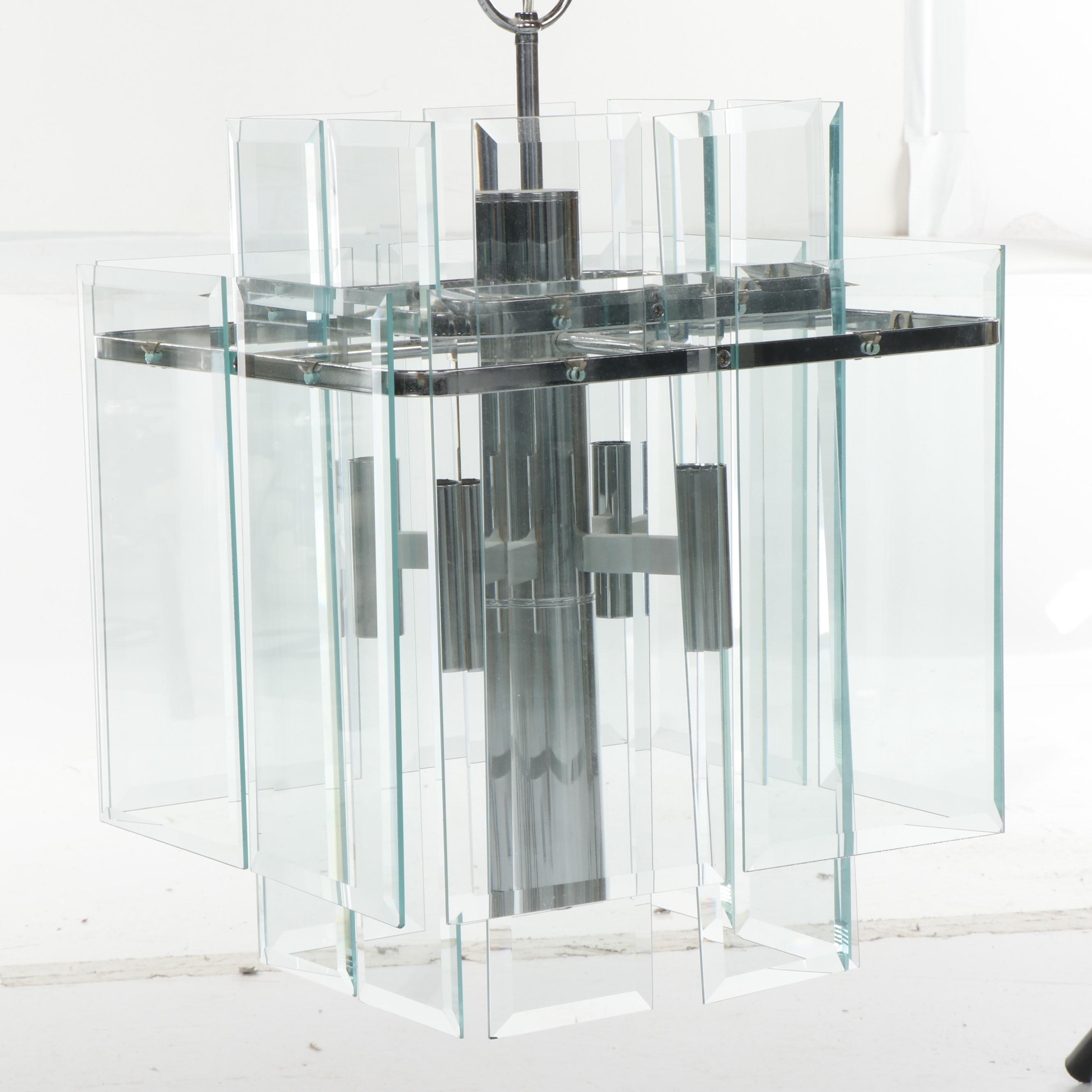Mid Century Modern Chrome Chandelier with Beveled Glass Panels