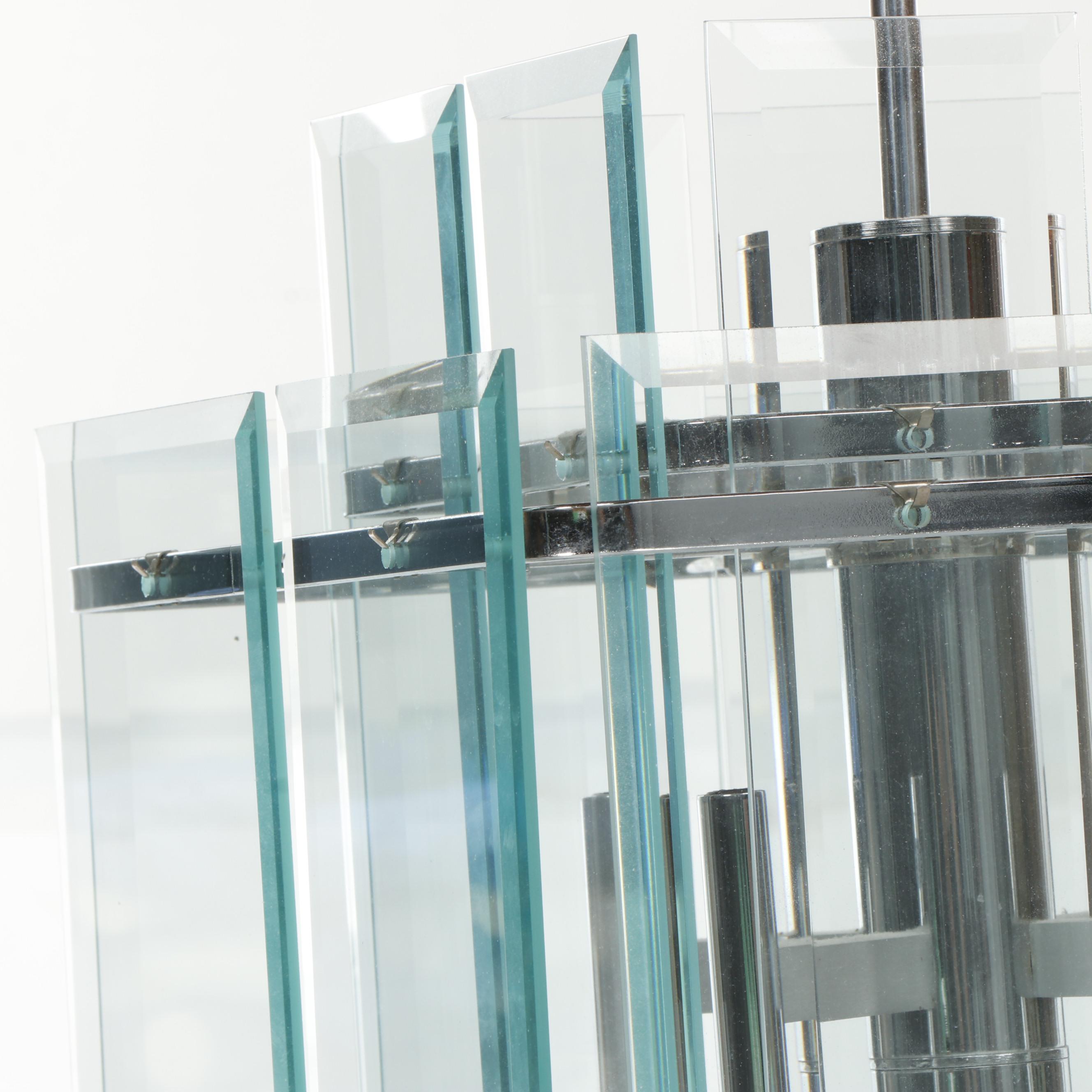 Mid Century Modern Chrome Chandelier with Beveled Glass Panels