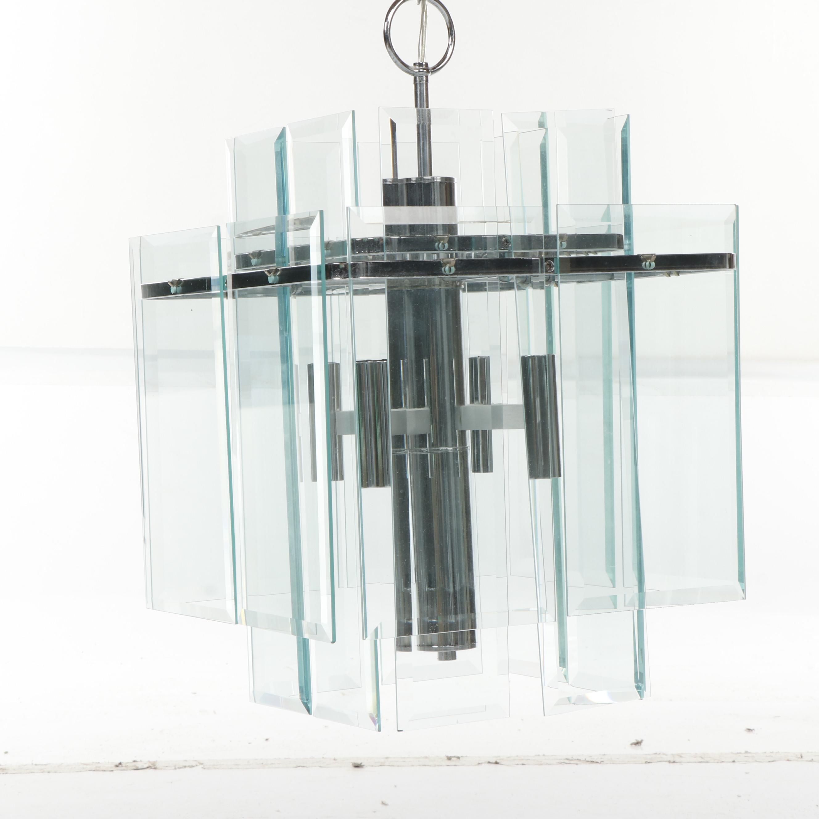 Mid Century Modern Chrome Chandelier with Beveled Glass Panels
